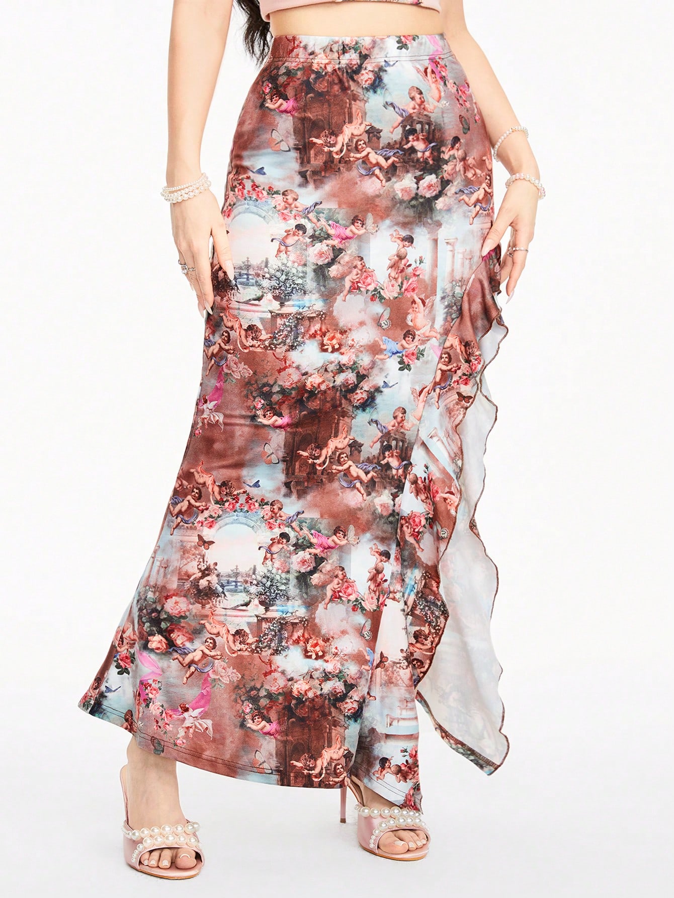 Fairycore Renaissance Vintage Angel & Flower Printed Hem Split Ruffle Skirt