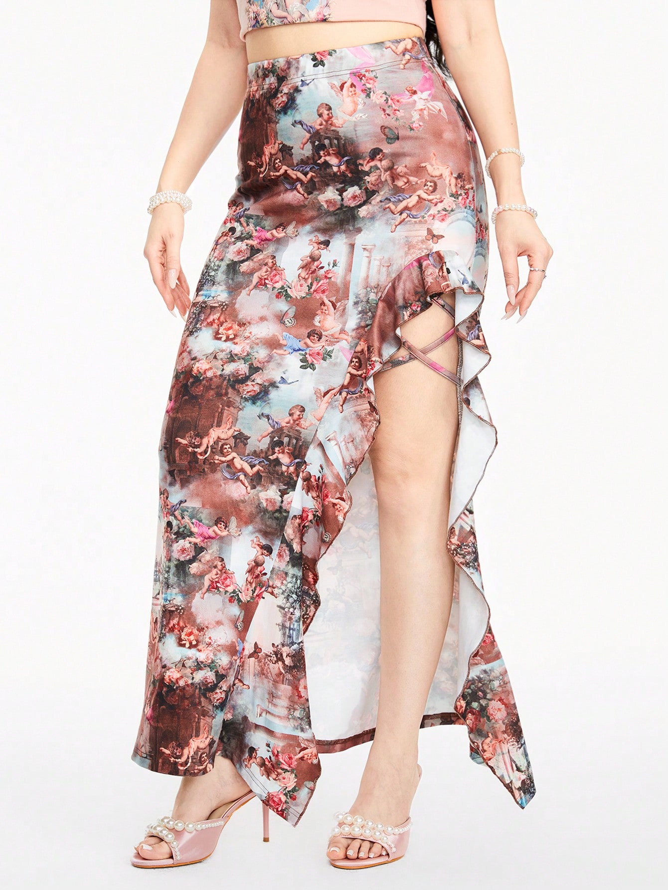 Fairycore Renaissance Vintage Angel & Flower Printed Hem Split Ruffle Skirt