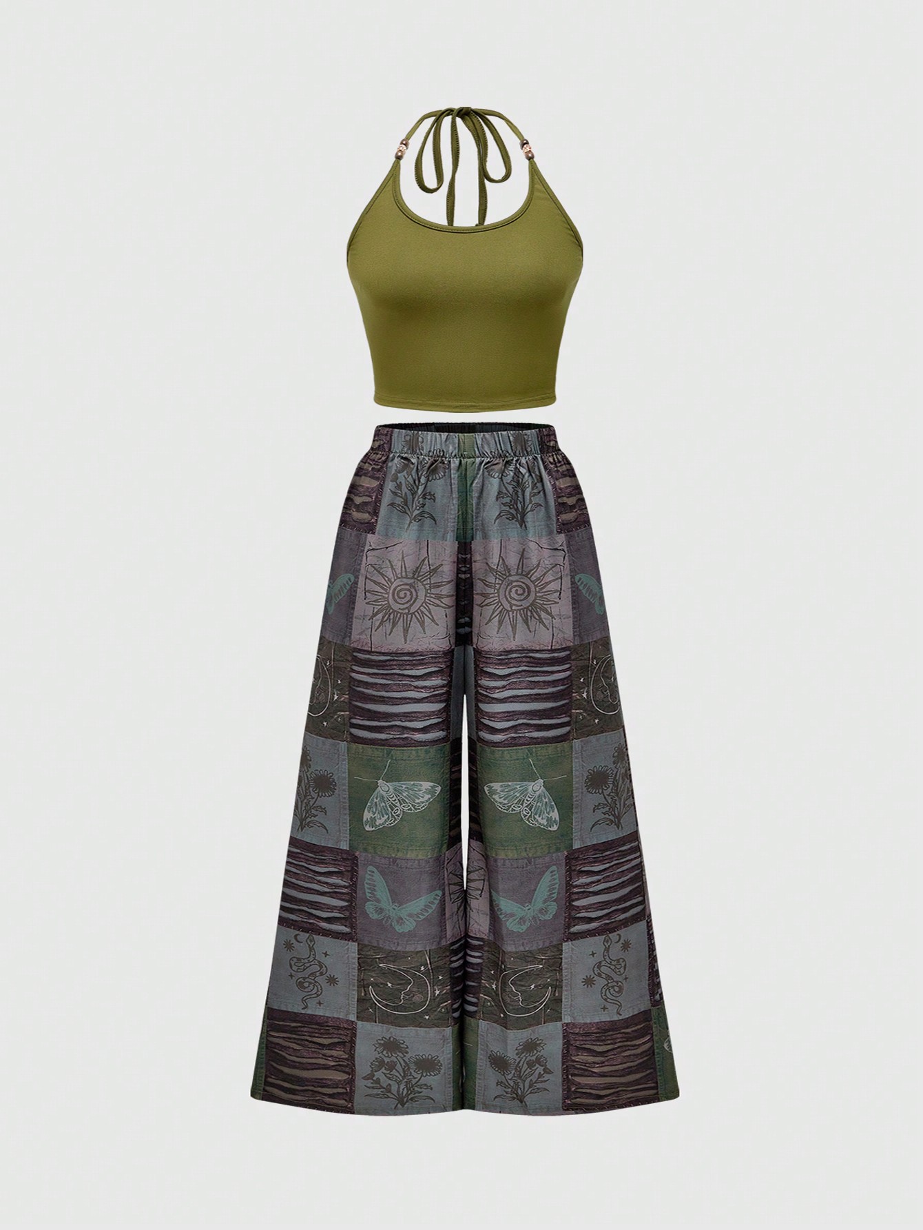 Hippie Boho Beaded Neckline Patchwork Sunflower Print Top & Wide Leg Pants Set For Plus Size Women