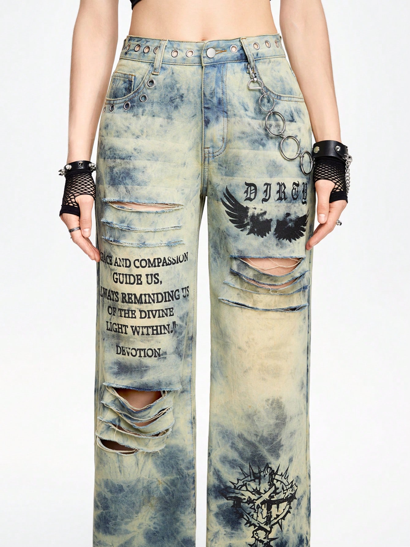 Grunge Punk Punk Style Cut-Out Chicken Eye Metal Waist Design Women's Jeans With Tie-Dye Wash And Letter Print