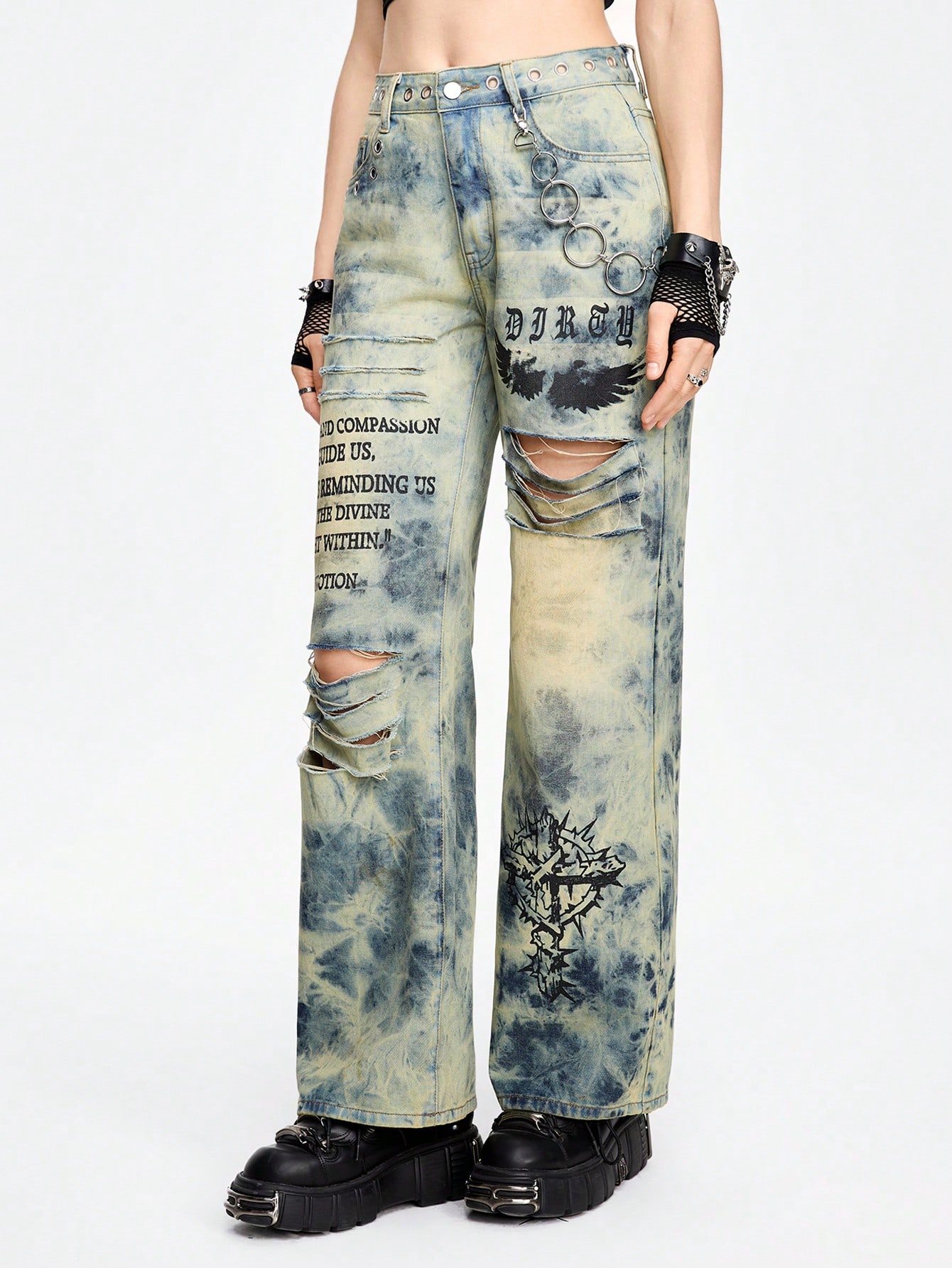 Grunge Punk Punk Style Cut-Out Chicken Eye Metal Waist Design Women's Jeans With Tie-Dye Wash And Letter Print
