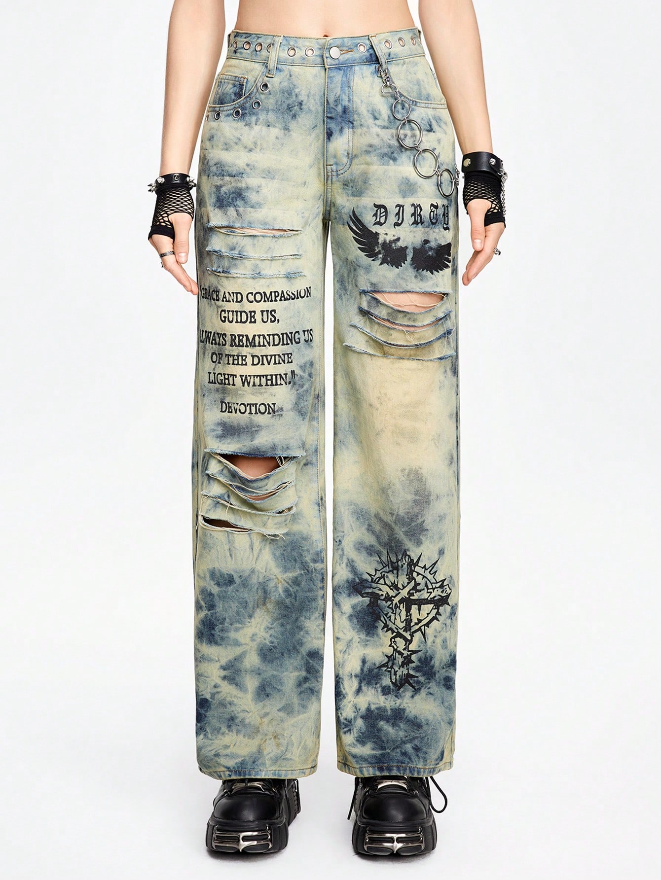 Grunge Punk Punk Style Cut-Out Chicken Eye Metal Waist Design Women's Jeans With Tie-Dye Wash And Letter Print