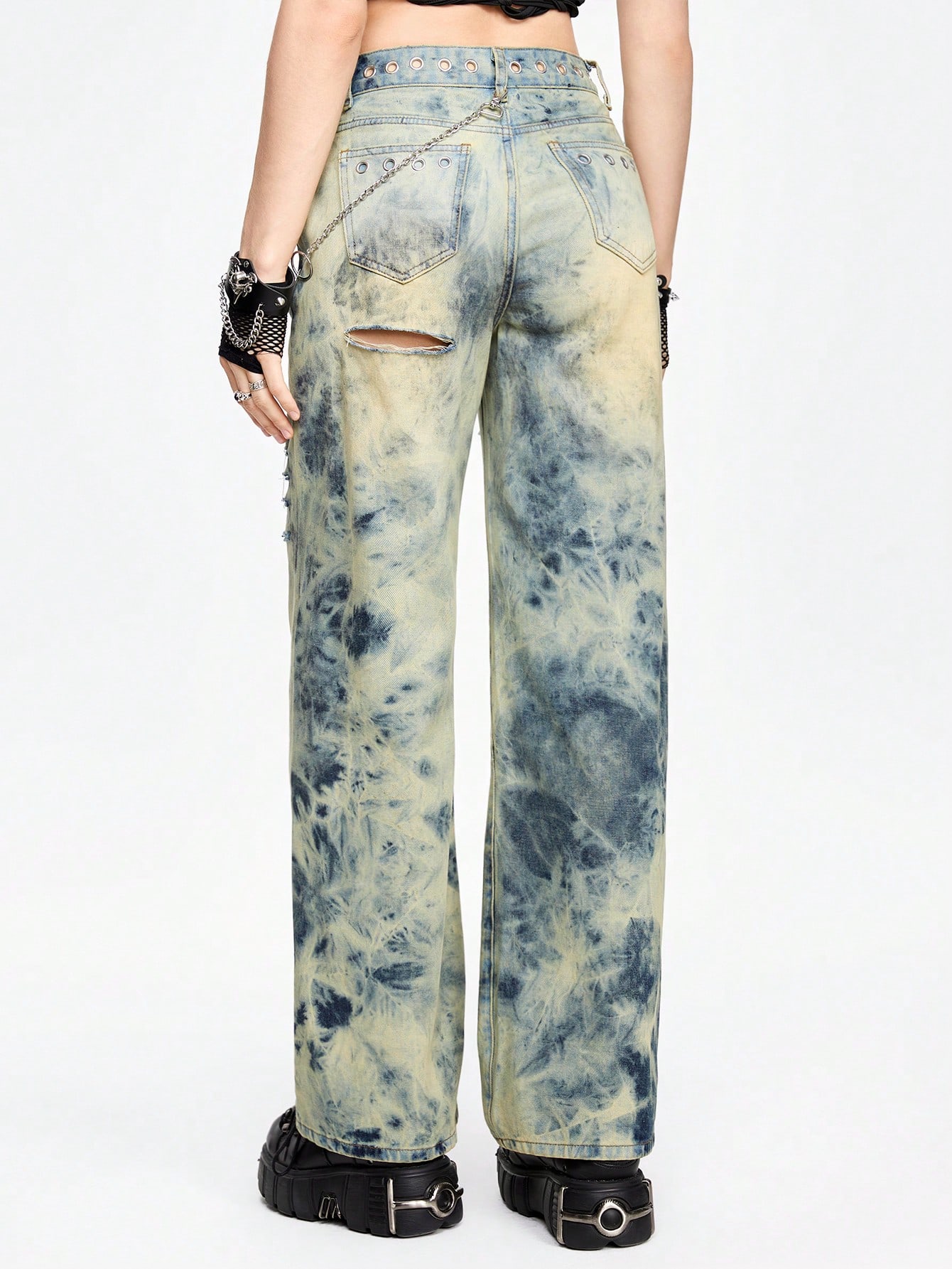 Grunge Punk Punk Style Cut-Out Chicken Eye Metal Waist Design Women's Jeans With Tie-Dye Wash And Letter Print