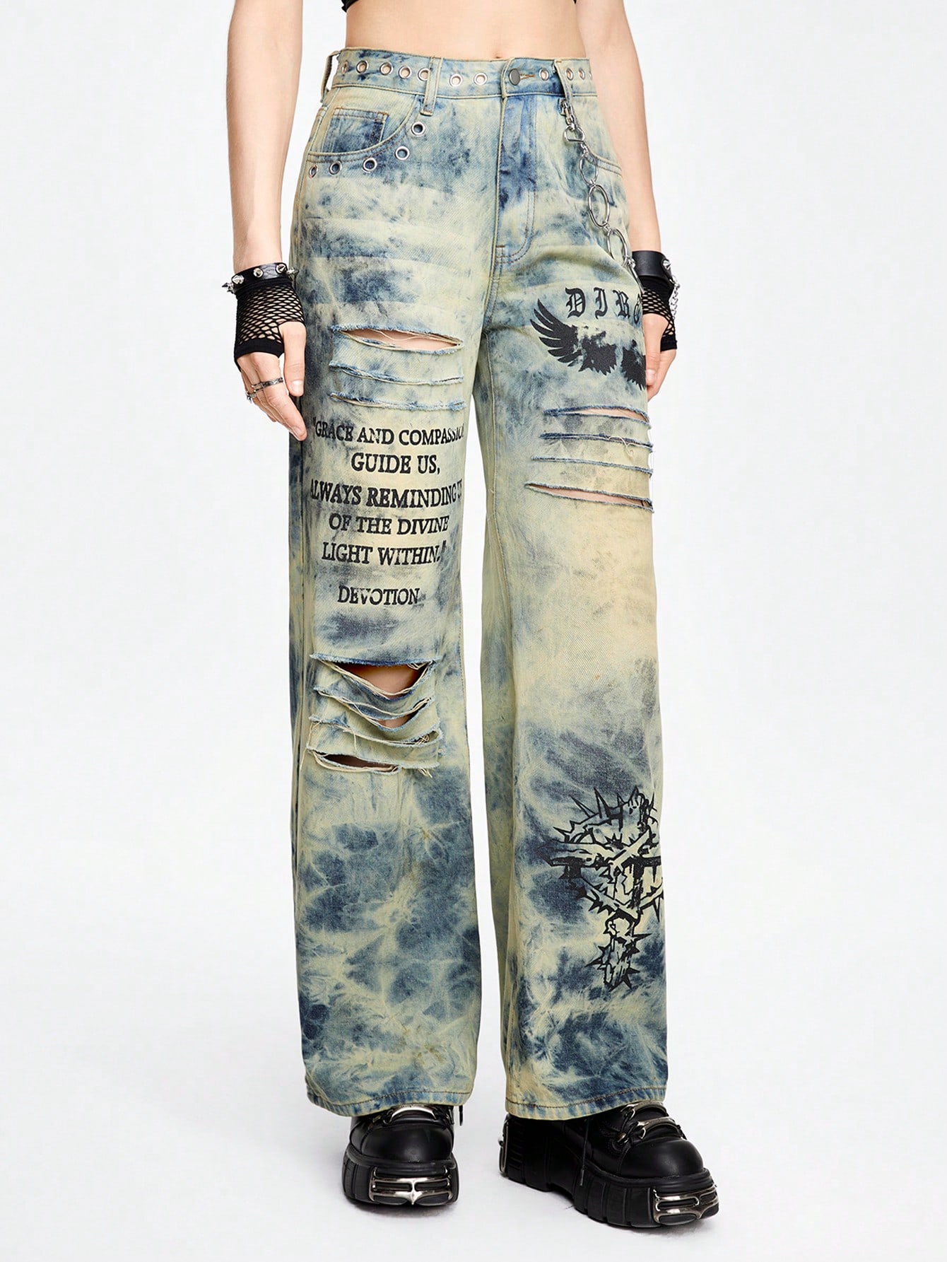 Grunge Punk Punk Style Cut-Out Chicken Eye Metal Waist Design Women's Jeans With Tie-Dye Wash And Letter Print