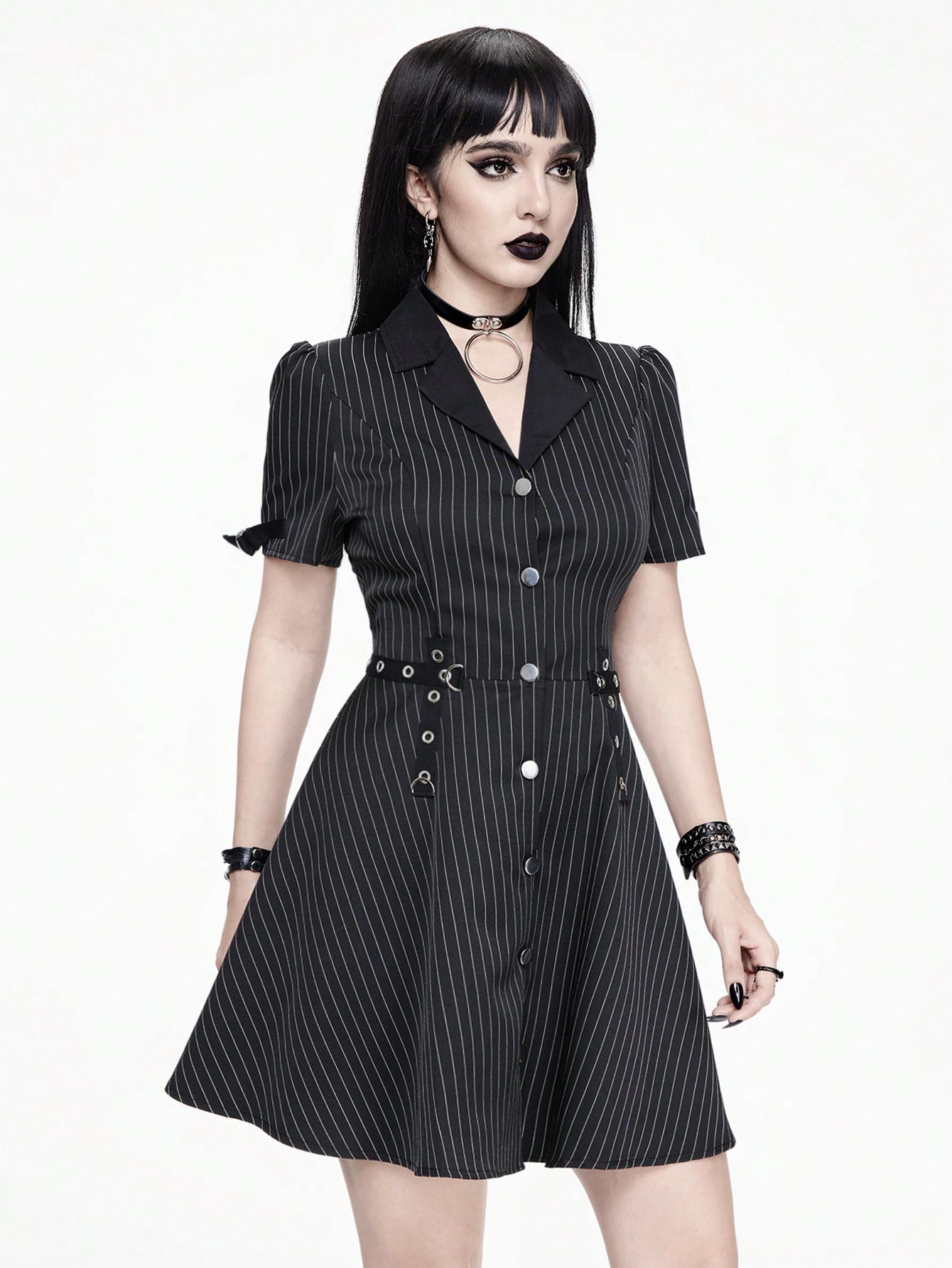 Goth Narrow-Striped Professional Gothic Punk Style Metal Eyelet Belted Ladies' A-Line Dress With Suit Collar, School