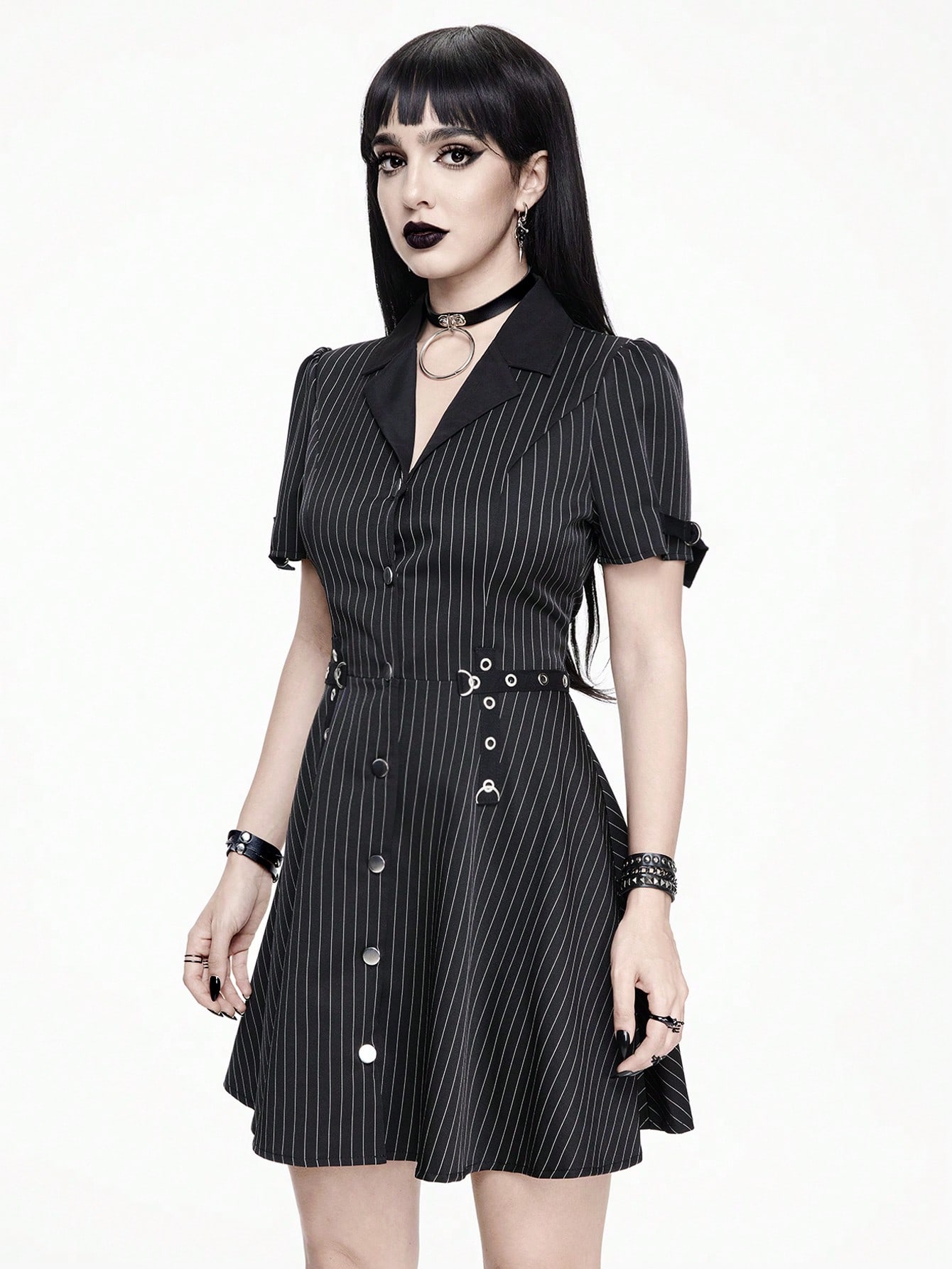 Goth Narrow-Striped Professional Gothic Punk Style Metal Eyelet Belted Ladies' A-Line Dress With Suit Collar, School