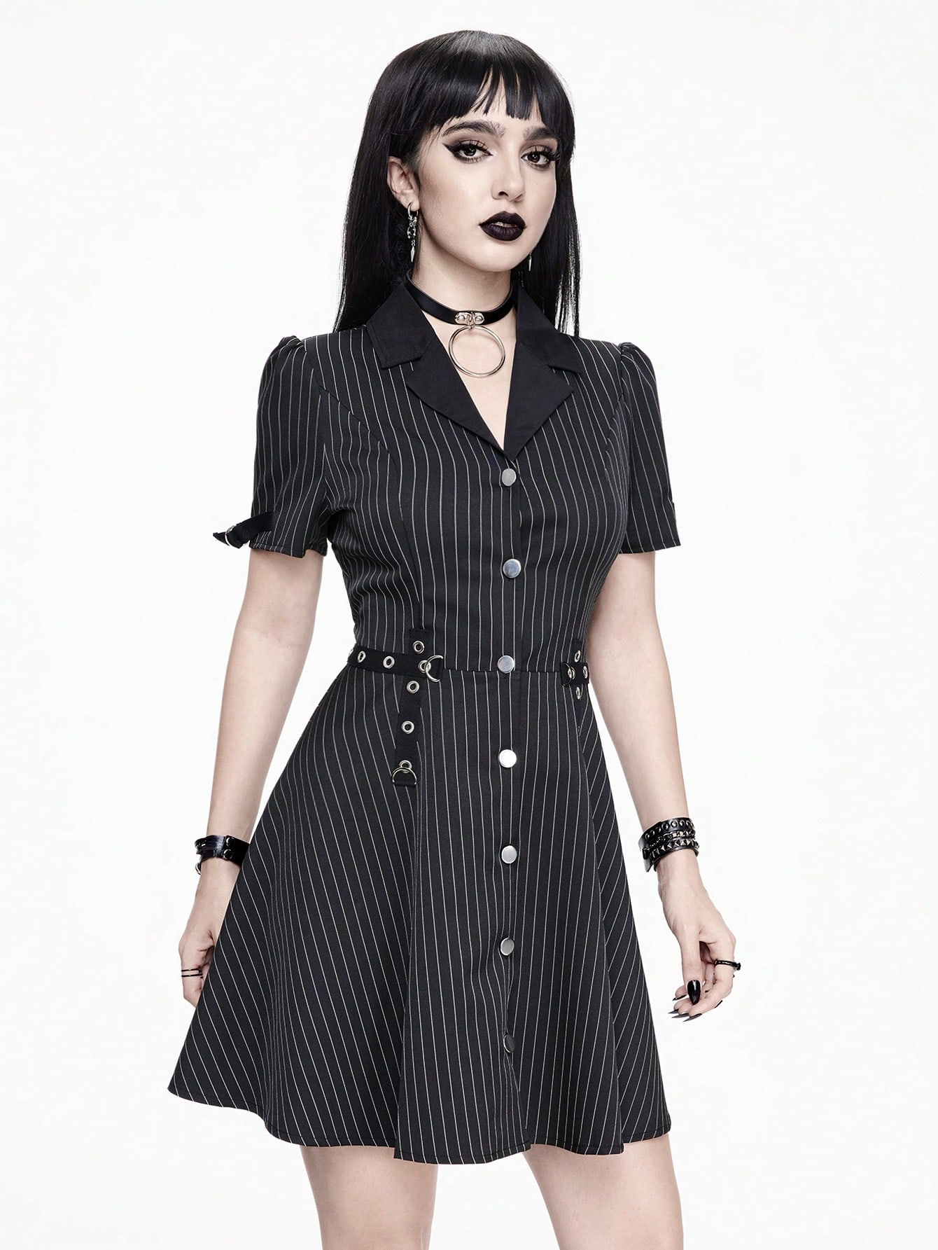 Goth Narrow-Striped Professional Gothic Punk Style Metal Eyelet Belted Ladies' A-Line Dress With Suit Collar, School
