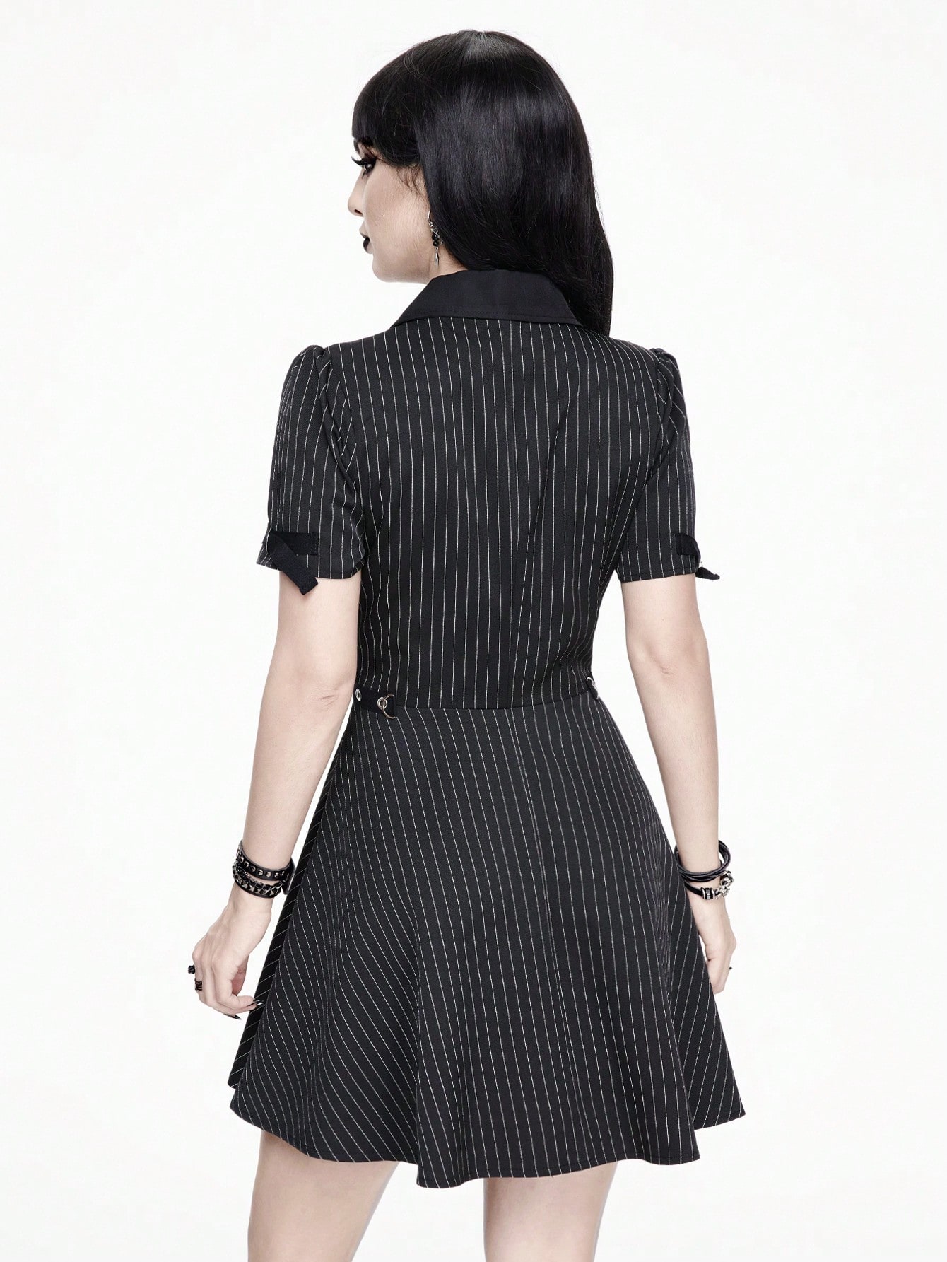 Goth Narrow-Striped Professional Gothic Punk Style Metal Eyelet Belted Ladies' A-Line Dress With Suit Collar, School