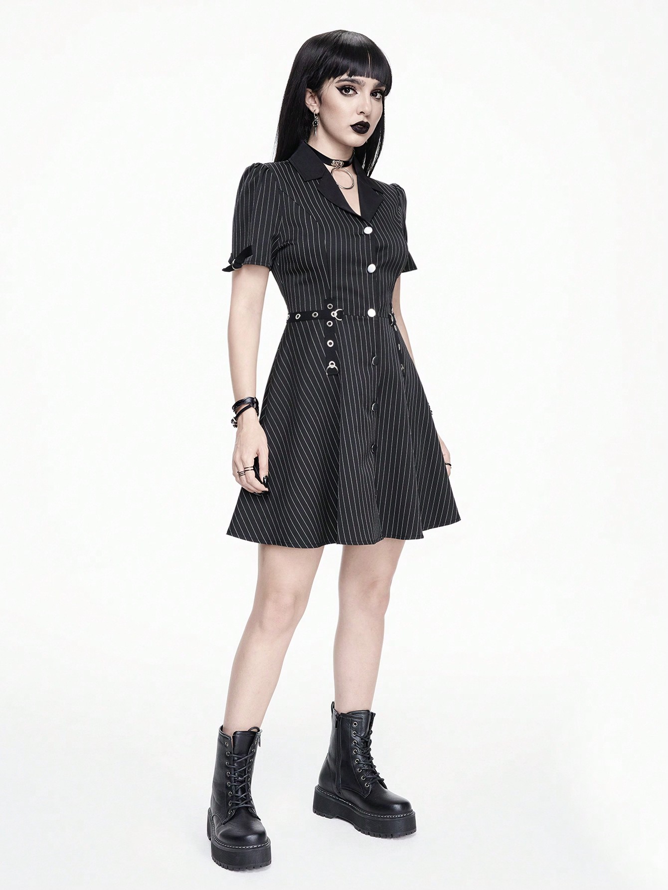 Goth Narrow-Striped Professional Gothic Punk Style Metal Eyelet Belted Ladies' A-Line Dress With Suit Collar, School