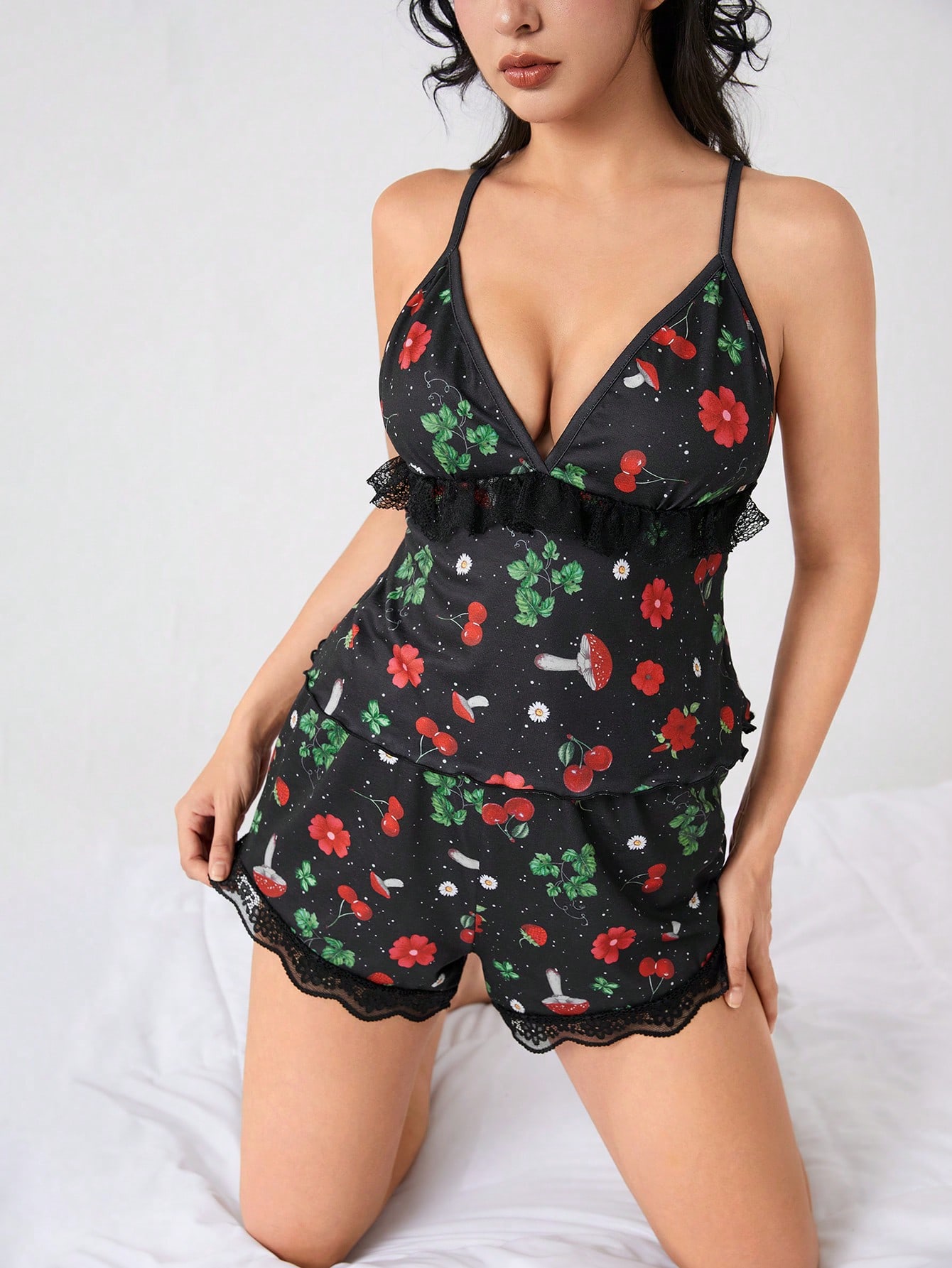 Fairycore Mushroom, Strawberry, Cherry Blossom Pattern Allover Print Camisole And Shorts Women's Pajama Set
