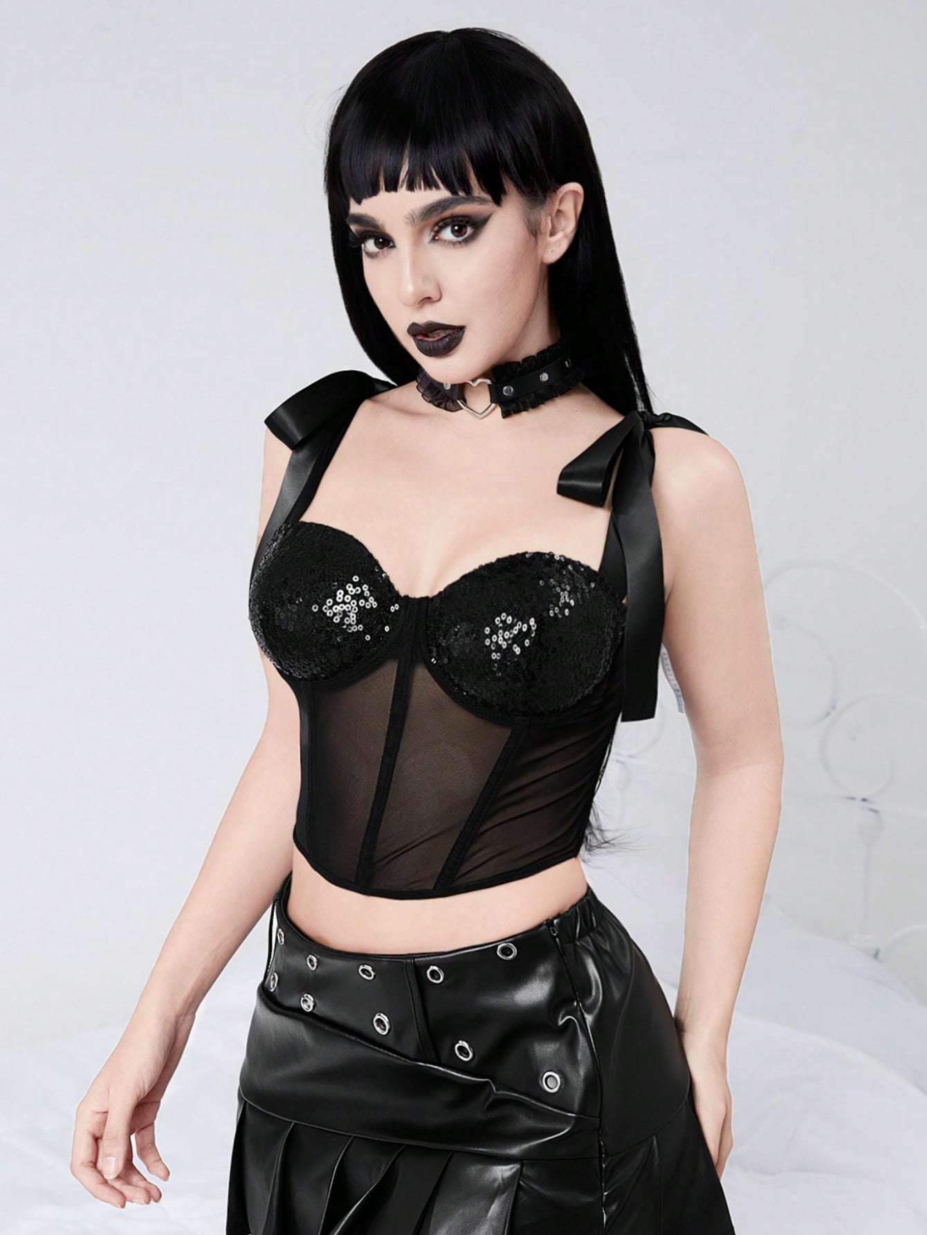 Grunge Punk Rope Strap Sequin Backless Underwire Push Up Bustier