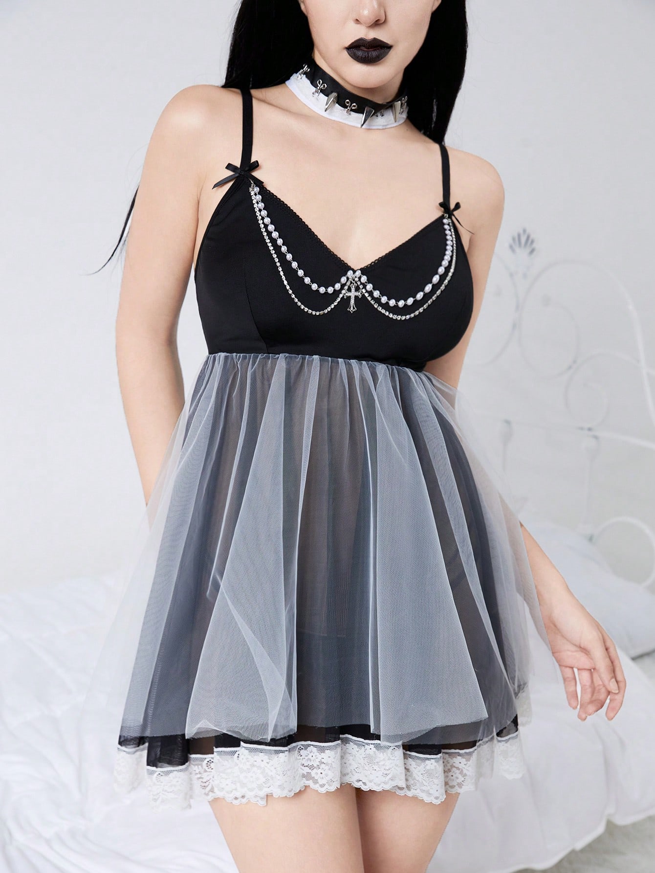 Goth Dark Knitted Mesh Faux Pearl Chain Cross Sexy Mysterious Lingerie Dress Set (With Panty)