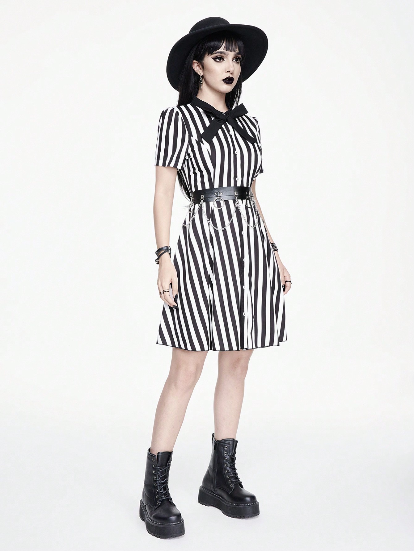 Goth Women's Summer Fashion Striped Cinched Waist Dress With Bow Accents And Front Button Closure, School
