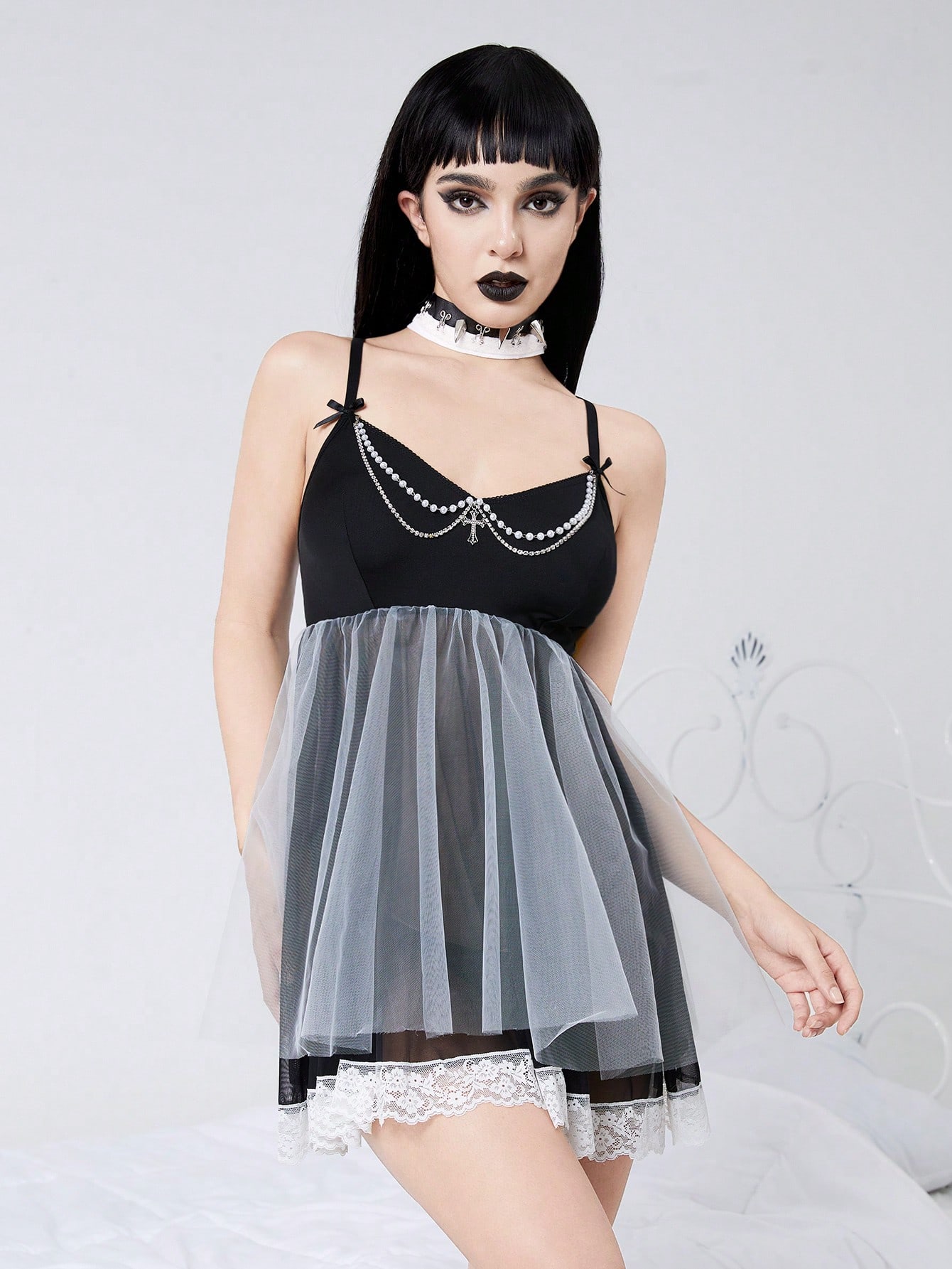 Goth Dark Knitted Mesh Faux Pearl Chain Cross Sexy Mysterious Lingerie Dress Set (With Panty)