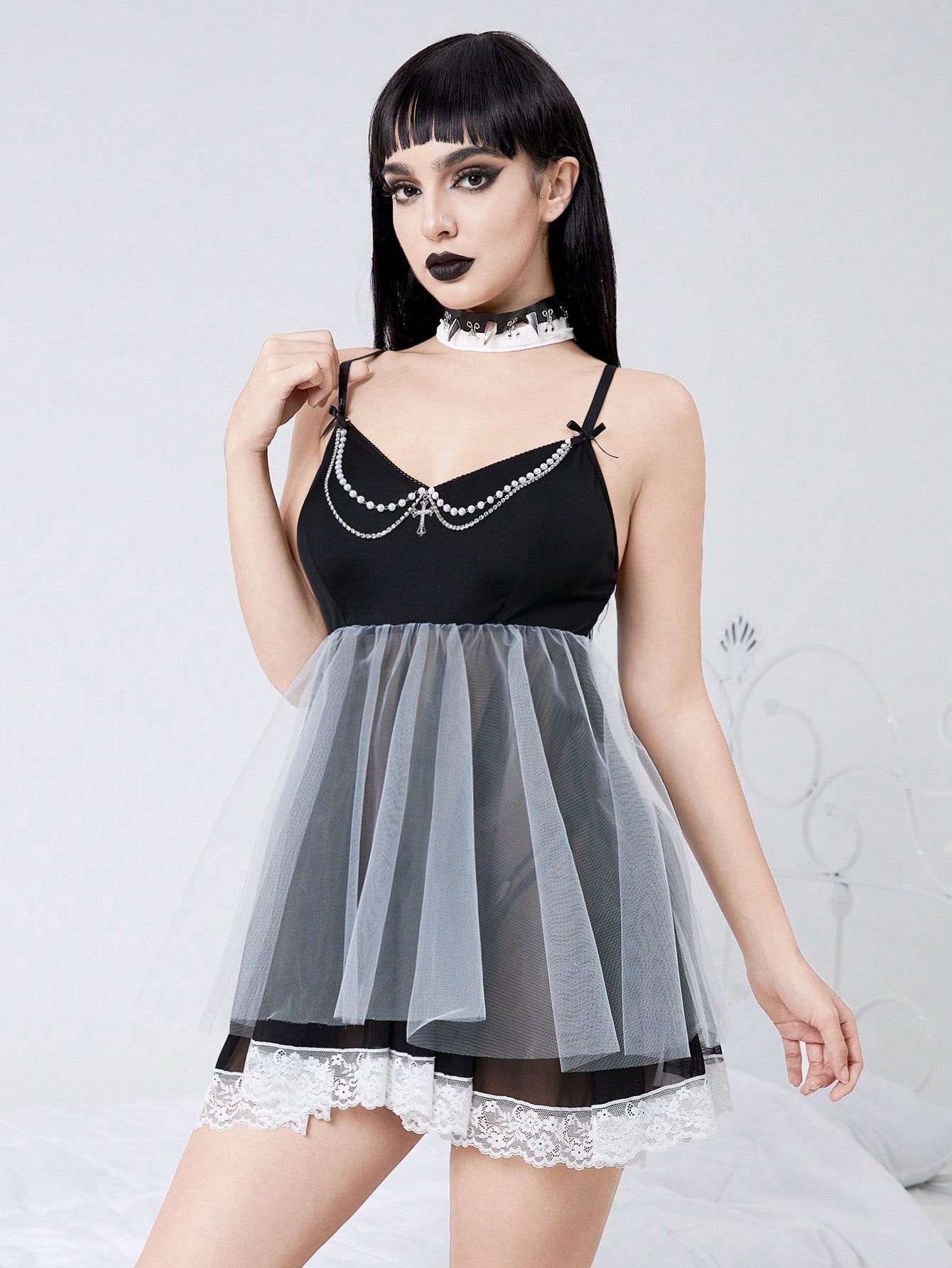 Goth Dark Knitted Mesh Faux Pearl Chain Cross Sexy Mysterious Lingerie Dress Set (With Panty)