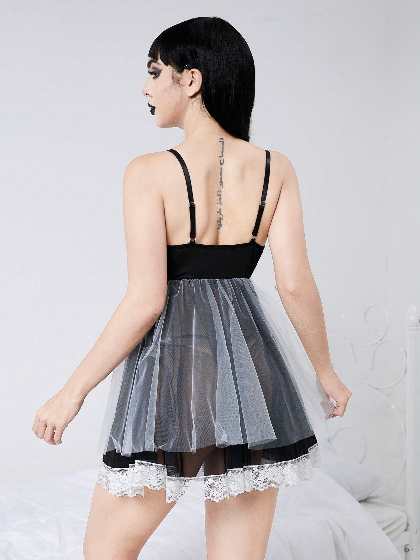 Goth Dark Knitted Mesh Faux Pearl Chain Cross Sexy Mysterious Lingerie Dress Set (With Panty)