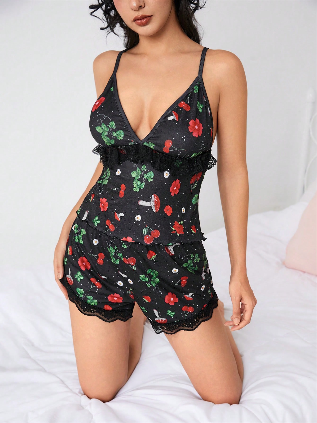 Fairycore Mushroom, Strawberry, Cherry Blossom Pattern Allover Print Camisole And Shorts Women's Pajama Set