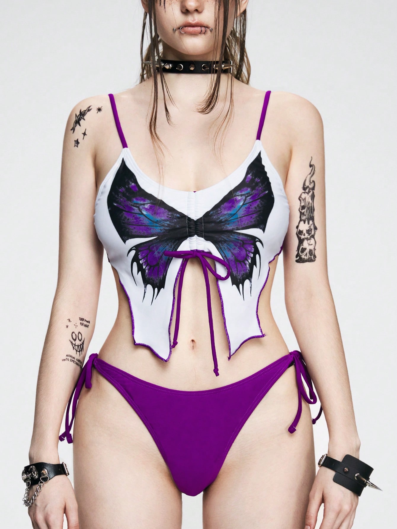 Goth Ladies' Butterfly Printed Front Tie Punk Sexy Bikini Set Summer