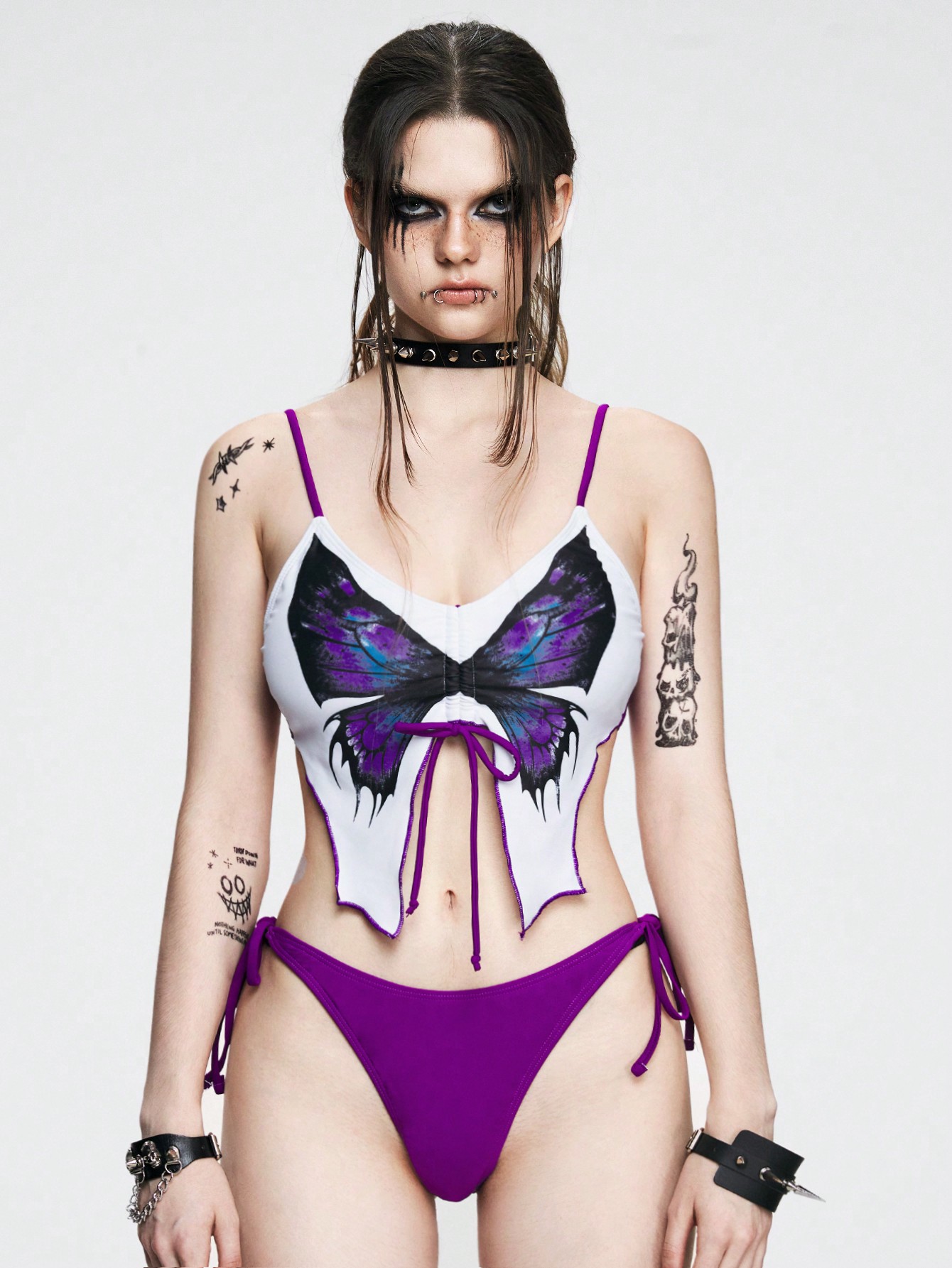 Goth Ladies' Butterfly Printed Front Tie Punk Sexy Bikini Set Summer
