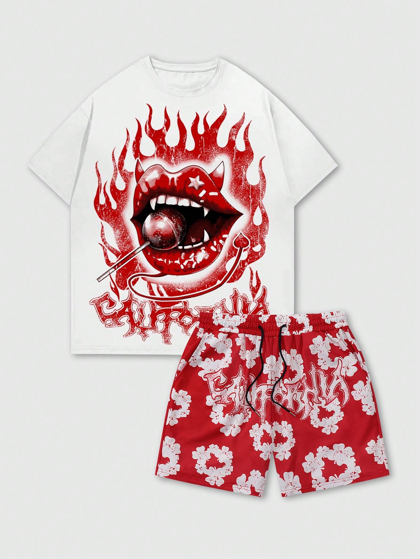 Street Life Men's Flame Lips Printed Round Neck Short Sleeve Casual T-Shirt And Drawstring Waist Shorts Set, Summer, School