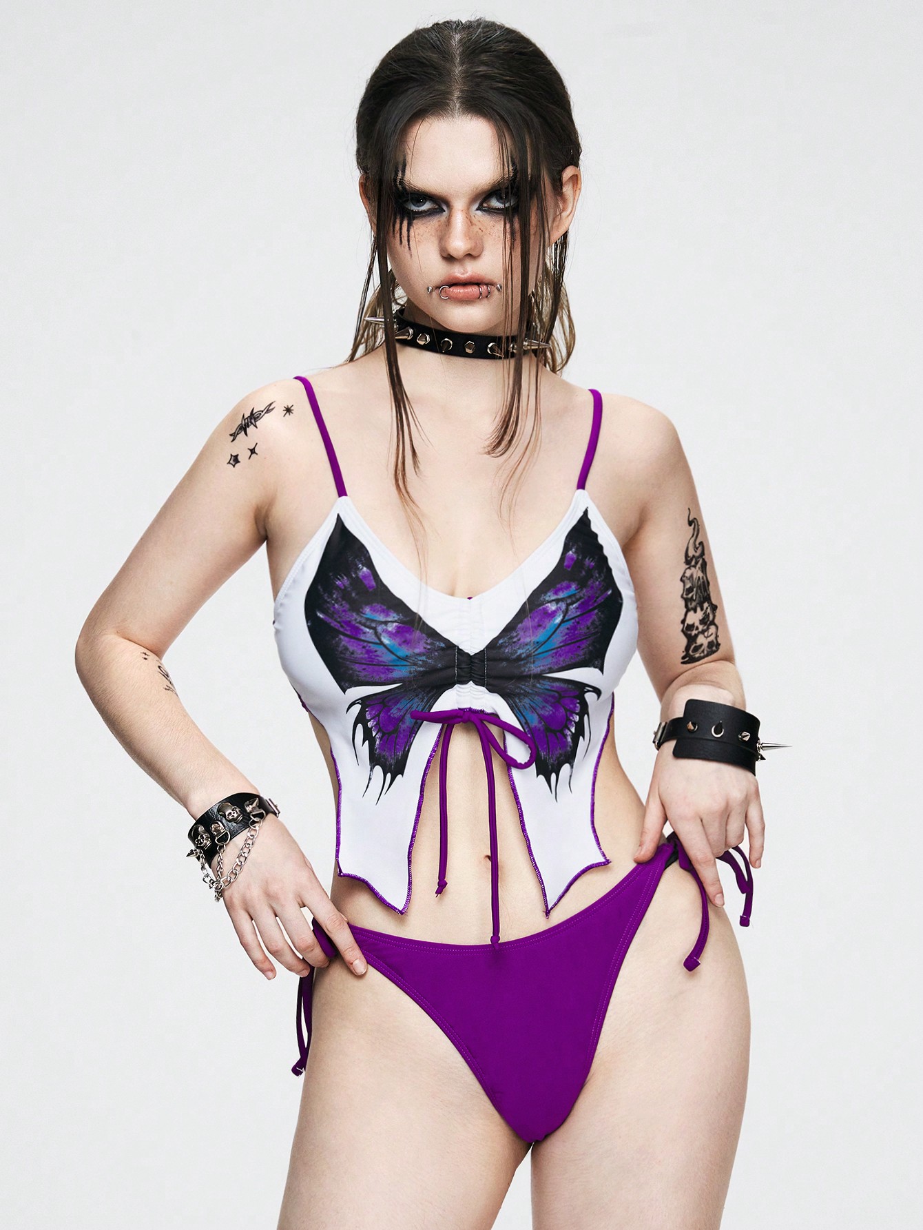 Goth Ladies' Butterfly Printed Front Tie Punk Sexy Bikini Set Summer