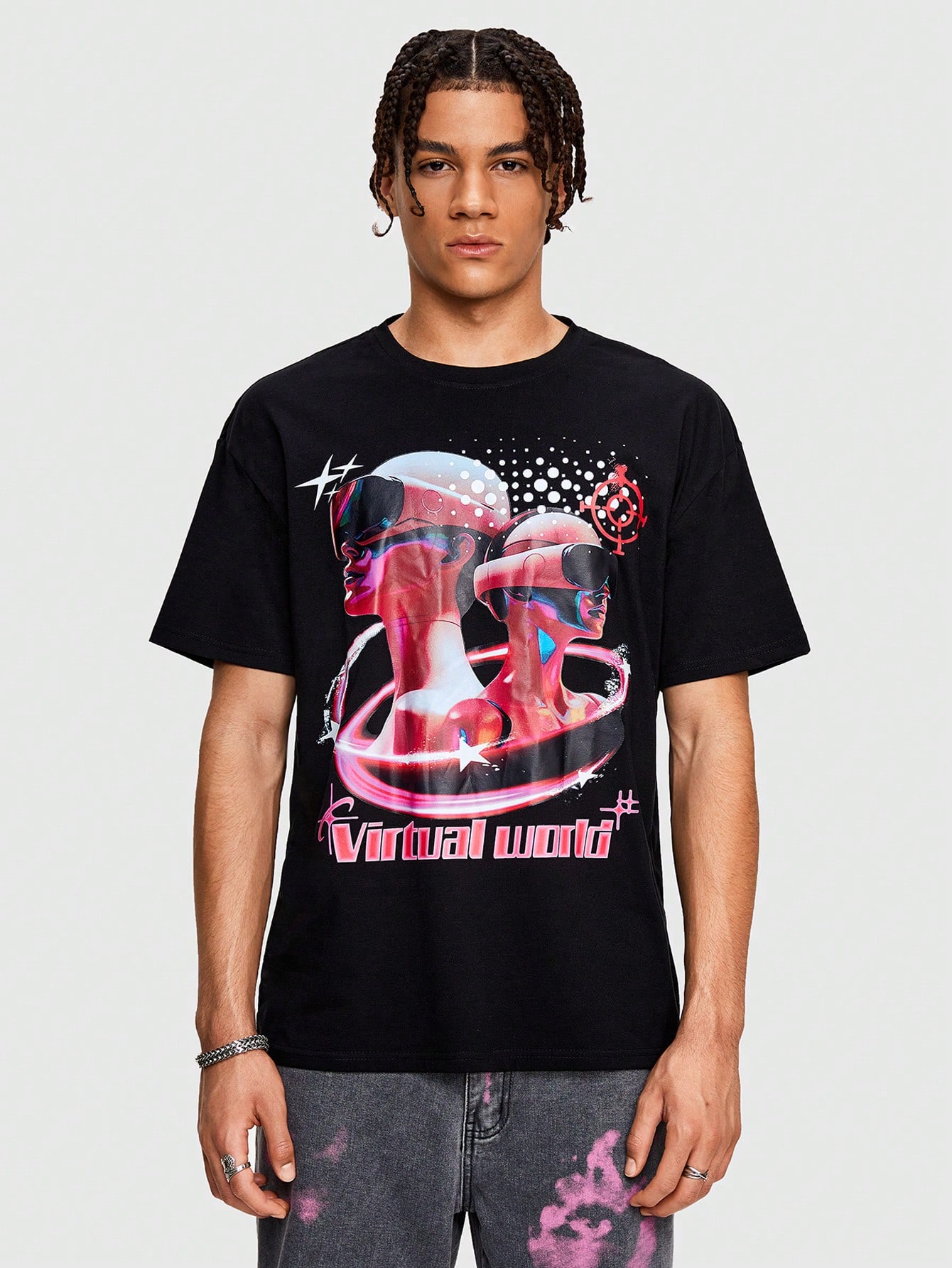 Street Life Men Augmented Reality Print Short Sleeve T-Shirt, Suitable For Daily Wear, Spring And Summer