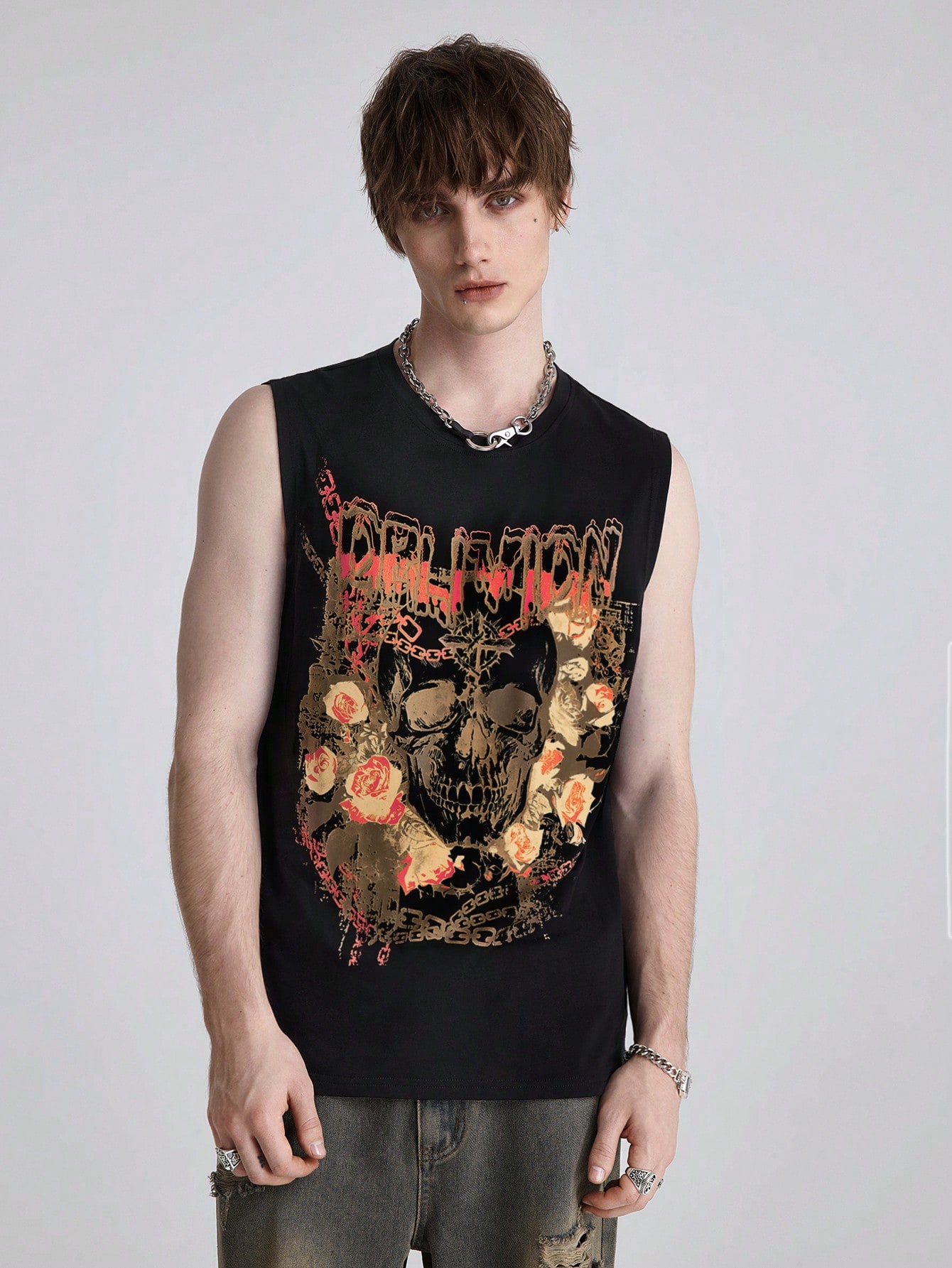 Goth Men's Casual Distressed Skull Graphic Tank Top, Summer