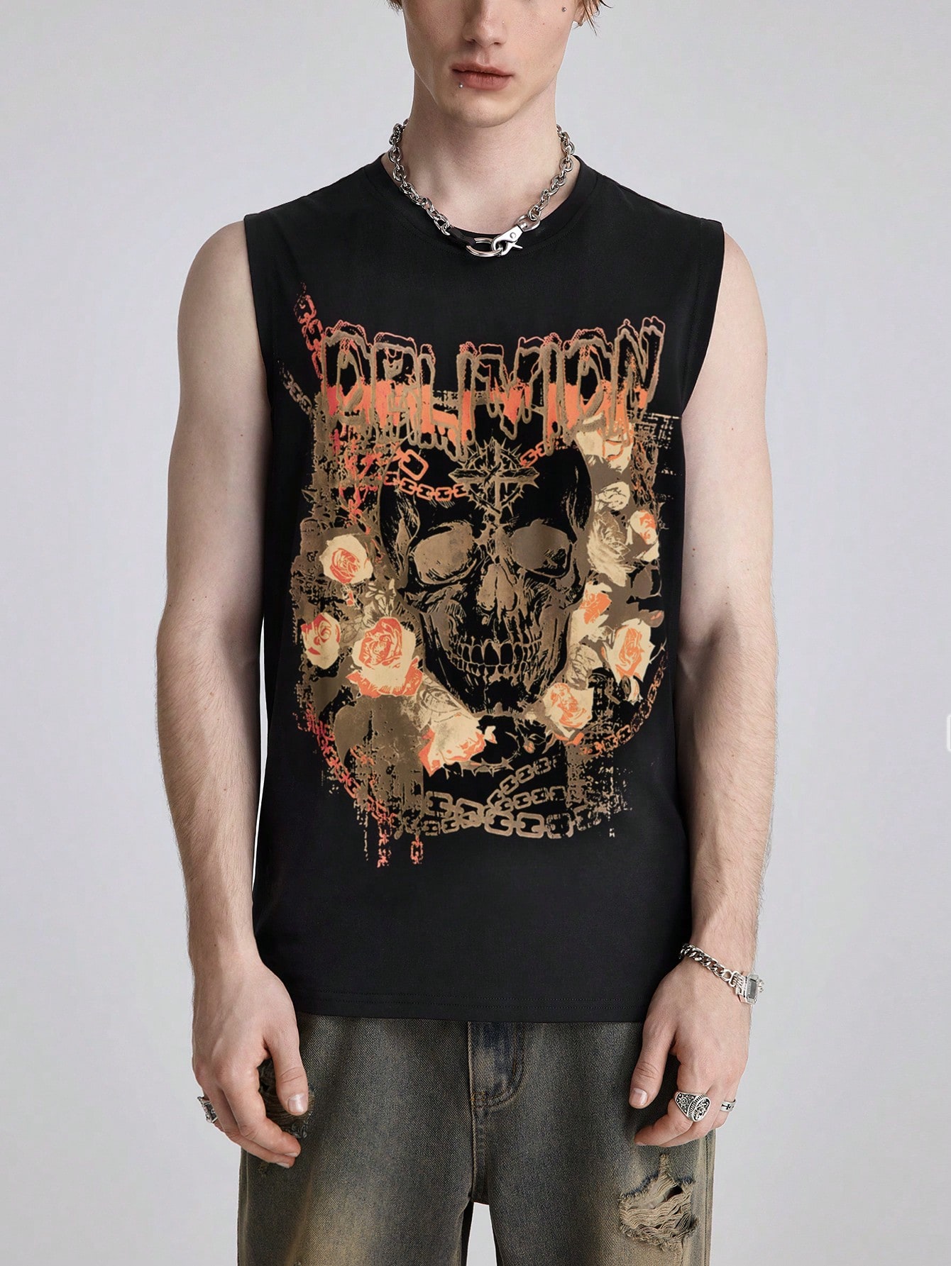 Goth Men's Casual Distressed Skull Graphic Tank Top, Summer