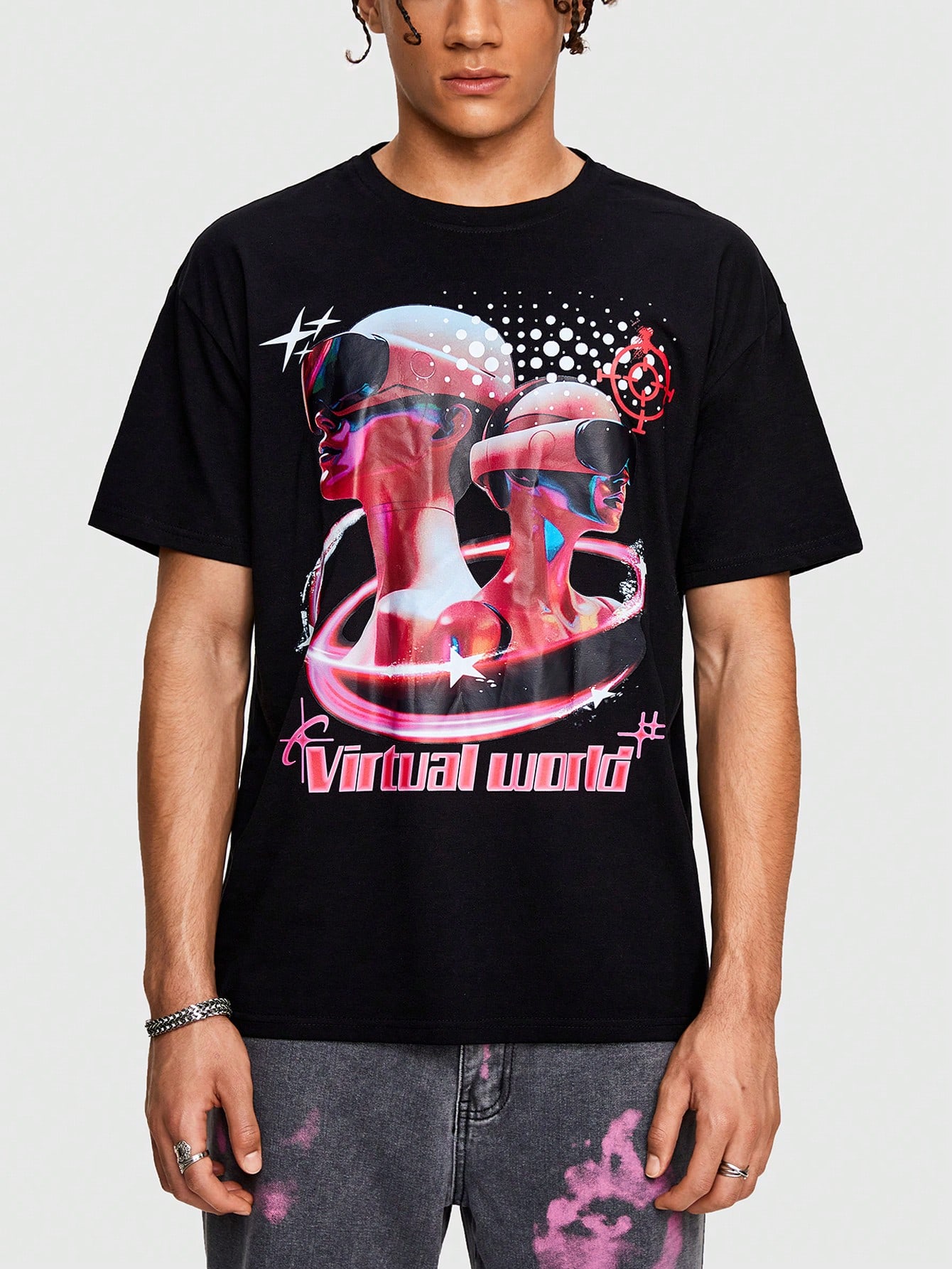 Street Life Men Augmented Reality Print Short Sleeve T-Shirt, Suitable For Daily Wear, Spring And Summer