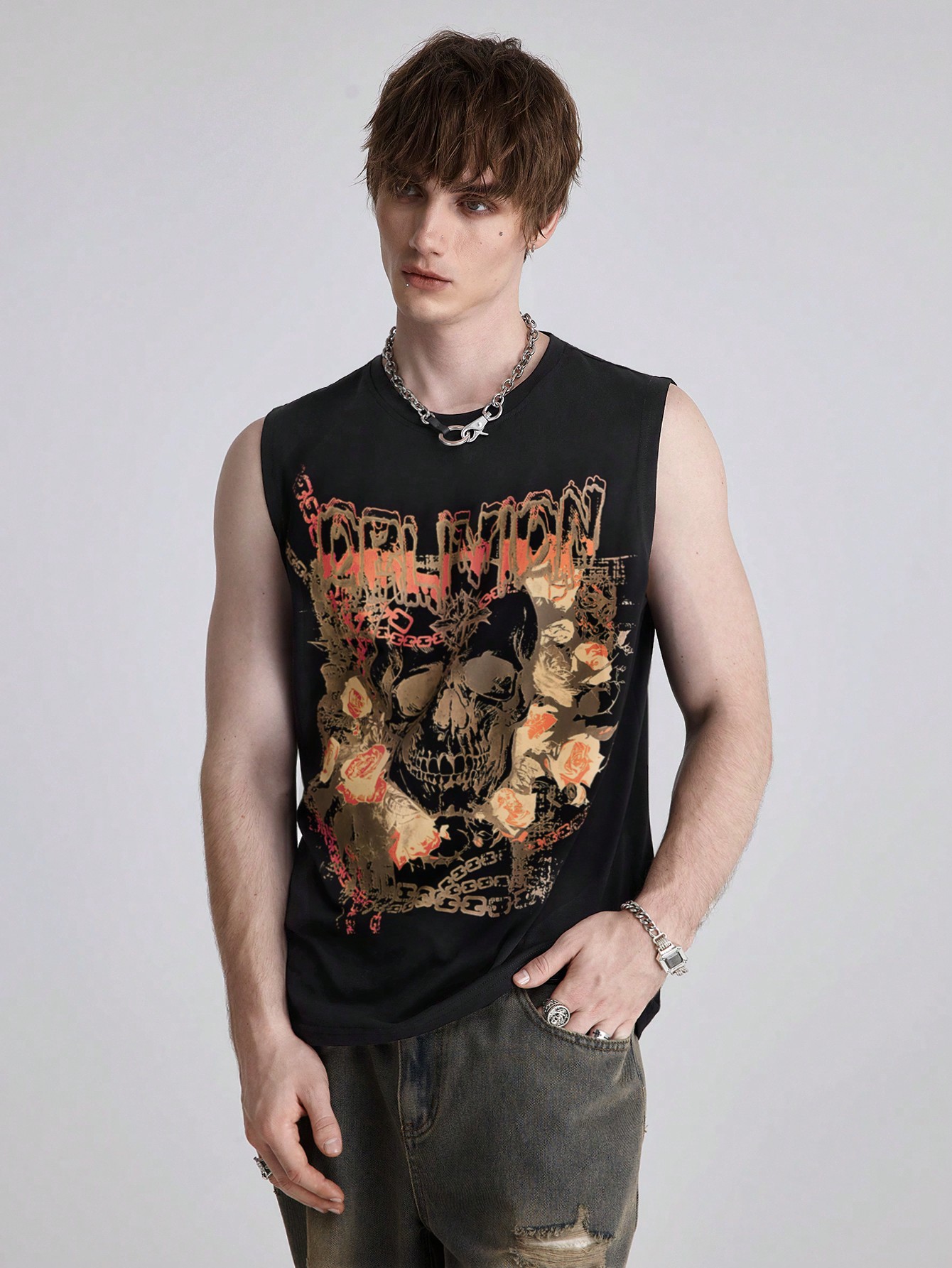 Goth Men's Casual Distressed Skull Graphic Tank Top, Summer