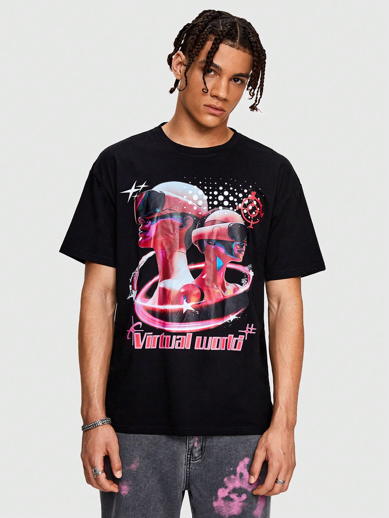 Street Life Men Augmented Reality Print Short Sleeve T-Shirt, Suitable For Daily Wear, Spring And Summer