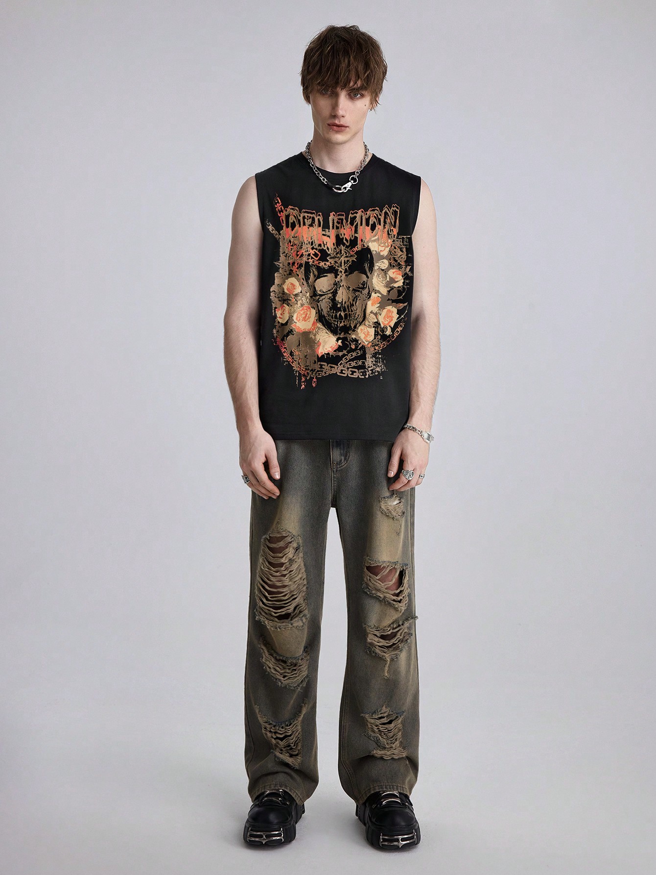 Goth Men's Casual Distressed Skull Graphic Tank Top, Summer