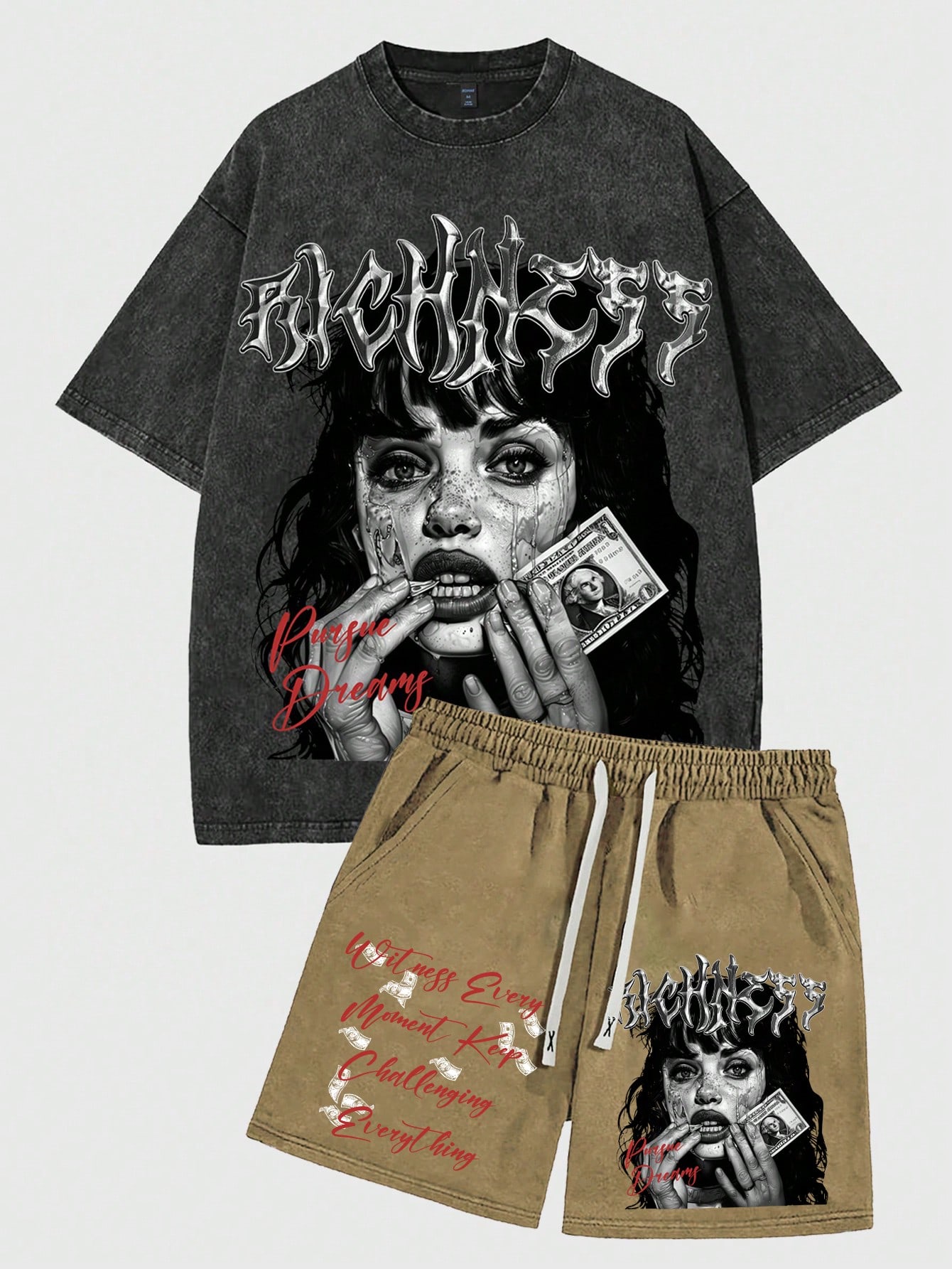 Street Life Men's Portrait Printed Vintage Washed Distressed T-Shirt Set, Short Sleeve 2pcs, Summer, School