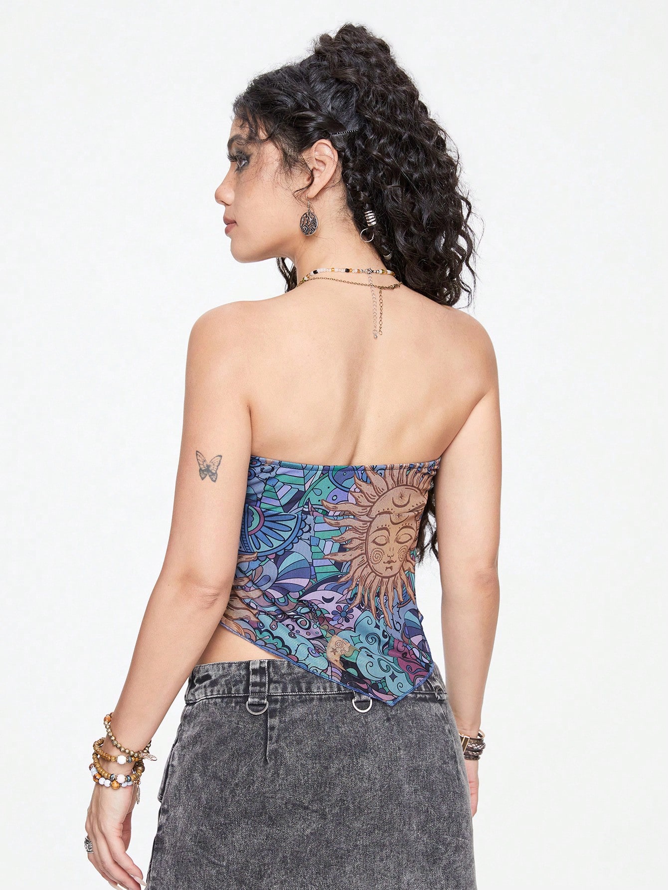 Fairycore Sun Face Print Tie Front Tube Top