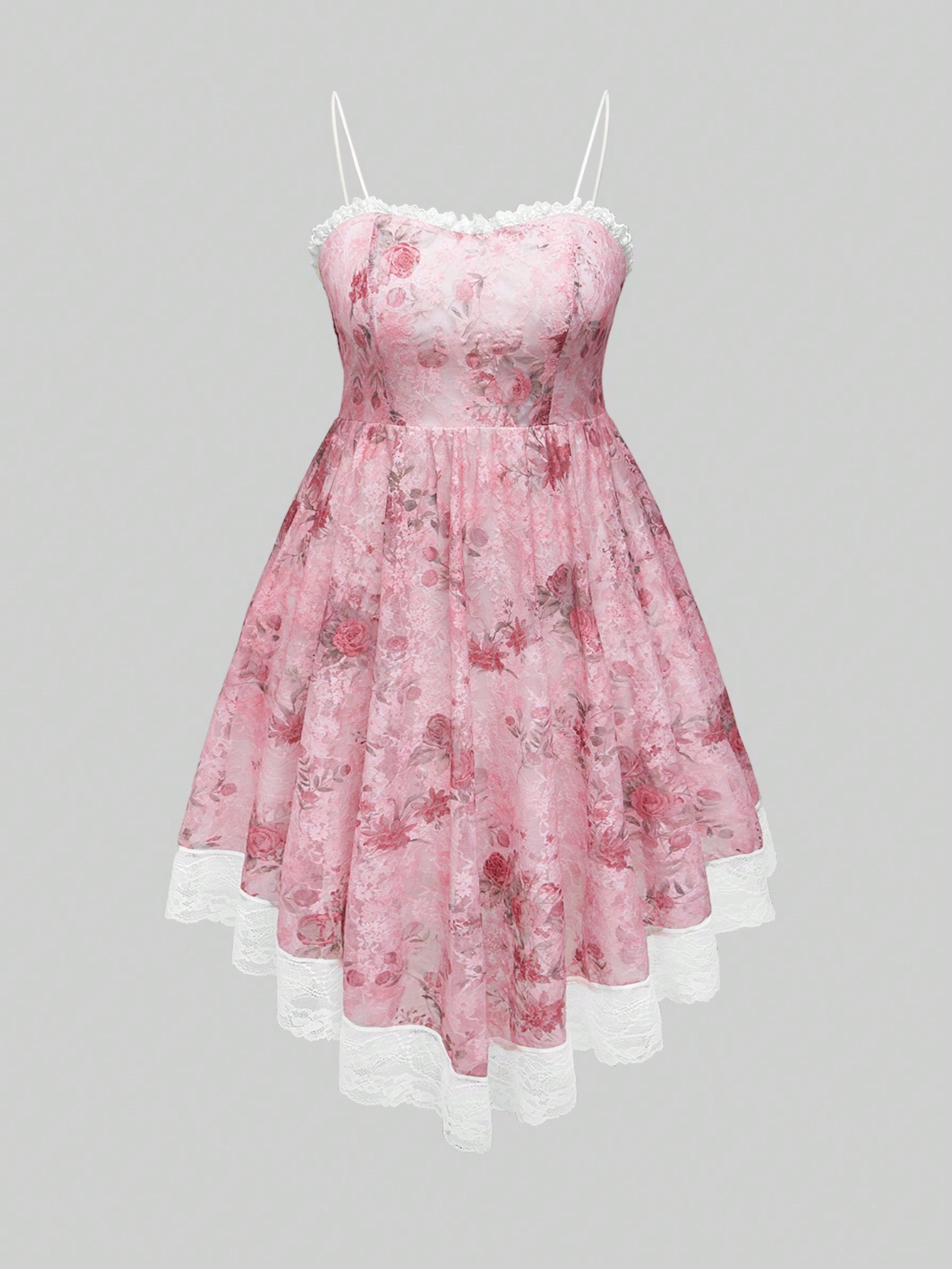 Fairycore Plus Floral Print Contrast Lace Cami Dress For Summer