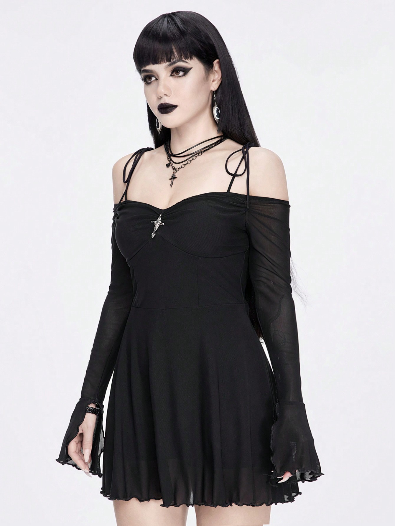 Goth Sexy Cold Shoulder Cross Mesh Bodycon Dress With Twist Knot And Cross Pendant, For New Year