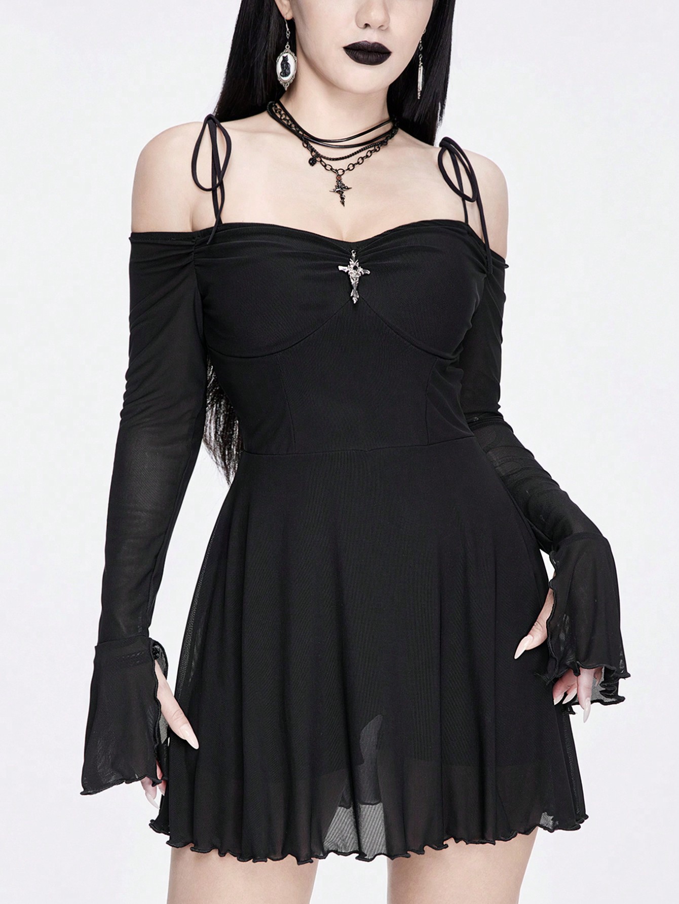 Goth Sexy Cold Shoulder Cross Mesh Bodycon Dress With Twist Knot And Cross Pendant, For New Year