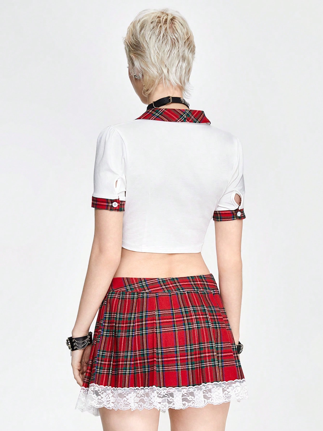 Plaid Contrast Crop Top With Tie-Front Detail And A-Line Pleated Skirt Women's 2-Piece Set