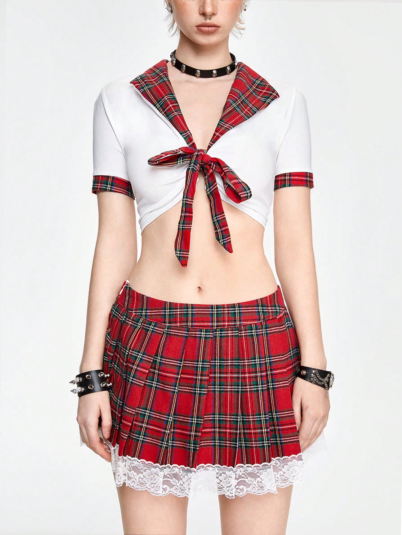 Plaid Contrast Crop Top With Tie-Front Detail And A-Line Pleated Skirt Women's 2-Piece Set