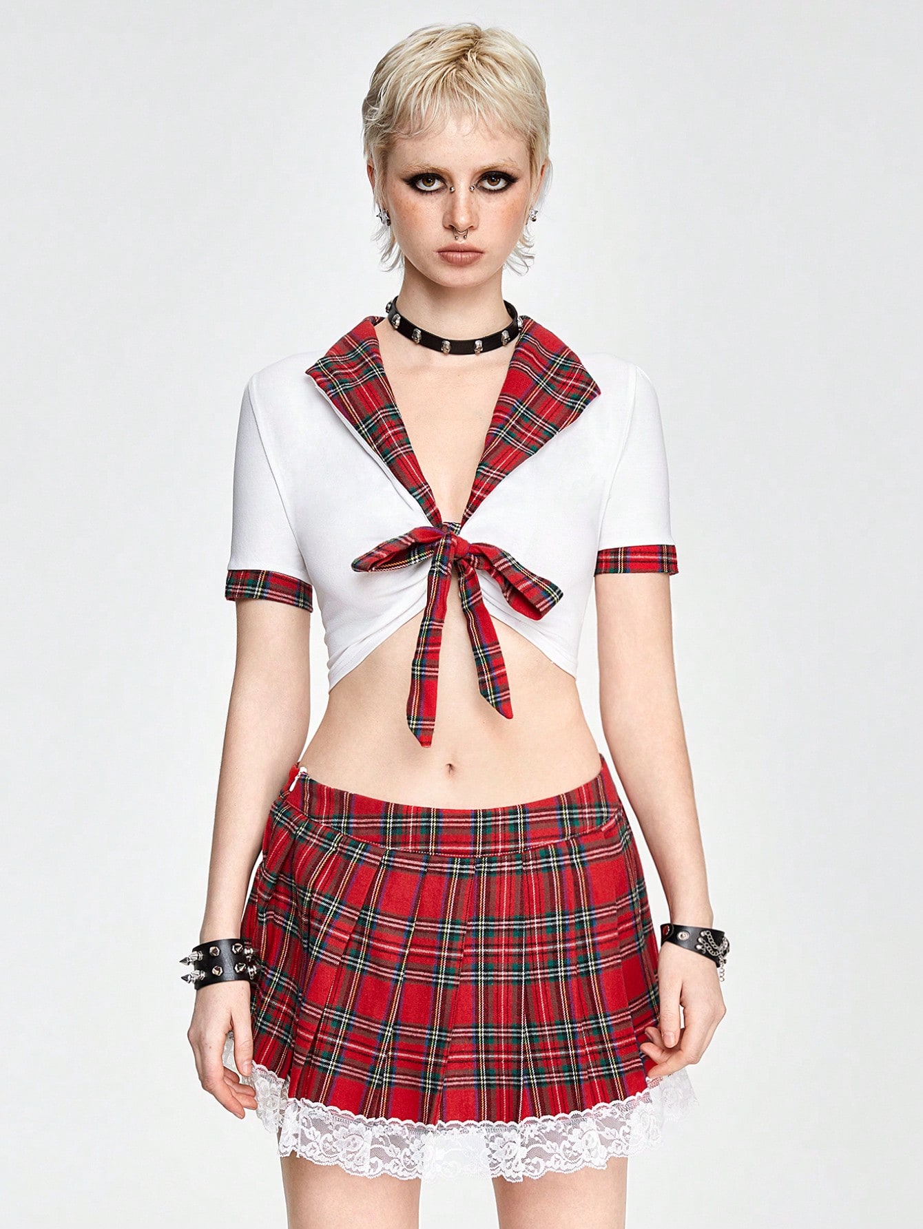 Plaid Contrast Crop Top With Tie-Front Detail And A-Line Pleated Skirt Women's 2-Piece Set
