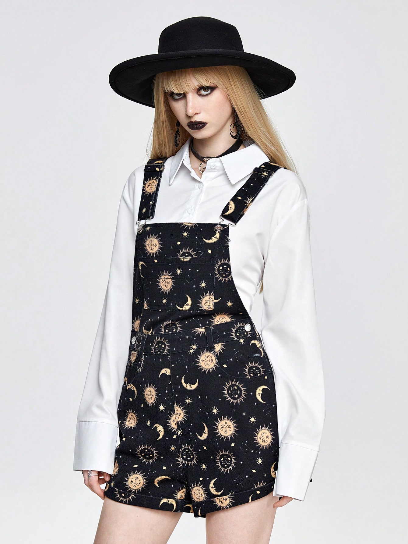 Goth Casual Gothic Sun, Moon, Star Print Women's Denim Overalls And Jumpsuit
