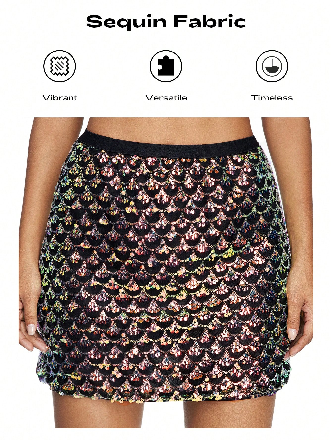 ROMWE Avant Women's Retro Party Holiday Sequin Mermaid Scale High-Low Hem Mini Skirt