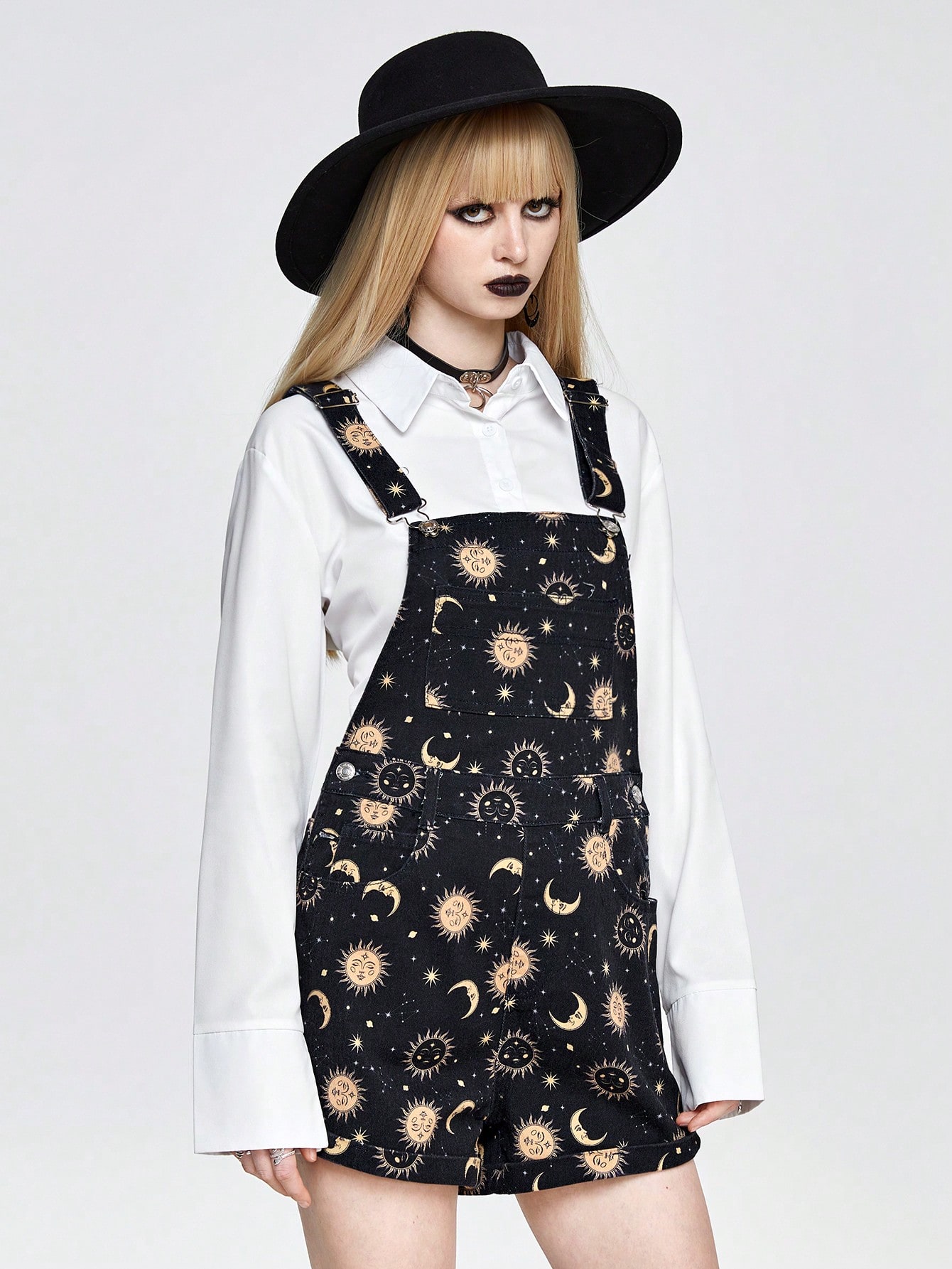 Goth Casual Gothic Sun, Moon, Star Print Women's Denim Overalls And Jumpsuit