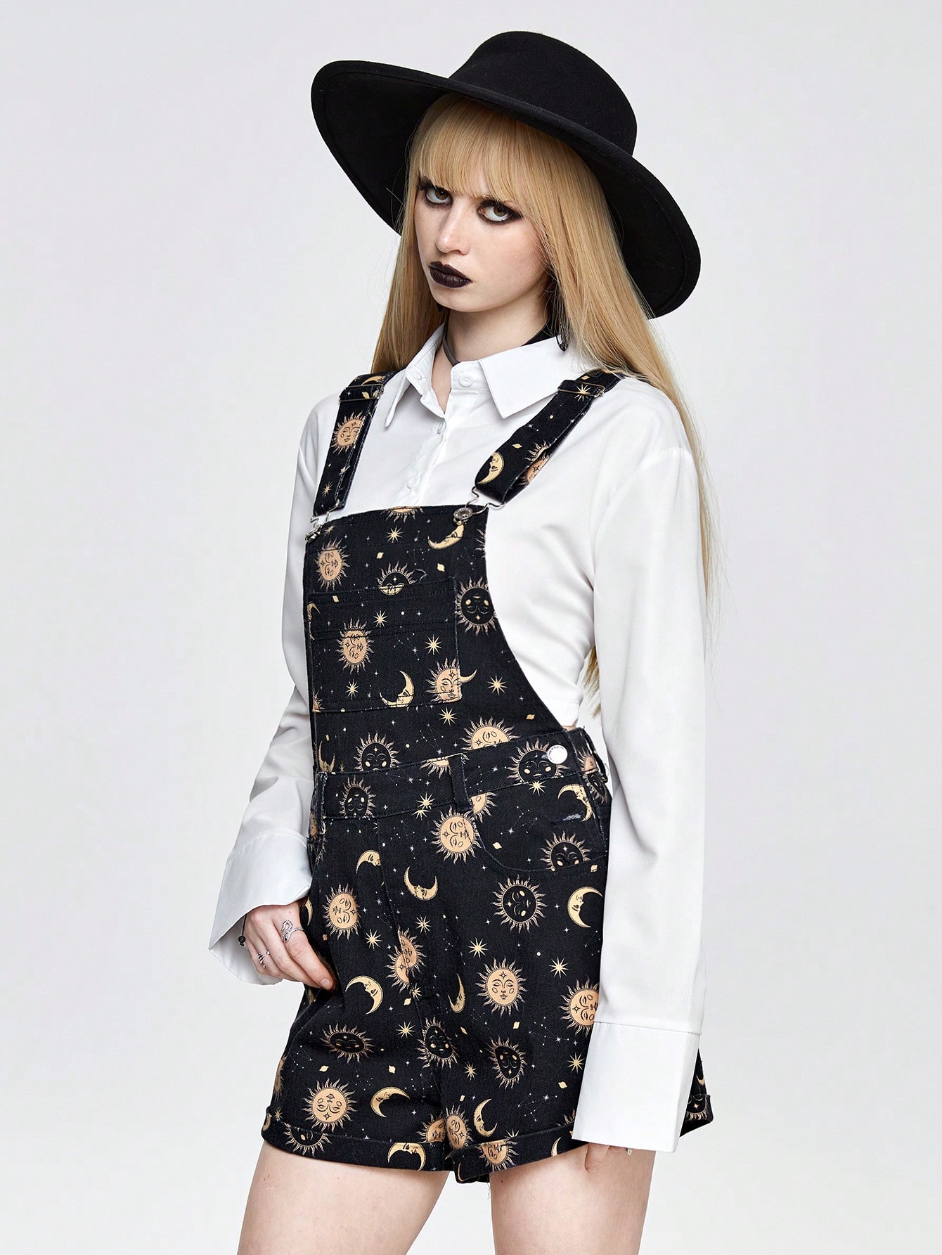 Goth Casual Gothic Sun, Moon, Star Print Women's Denim Overalls And Jumpsuit