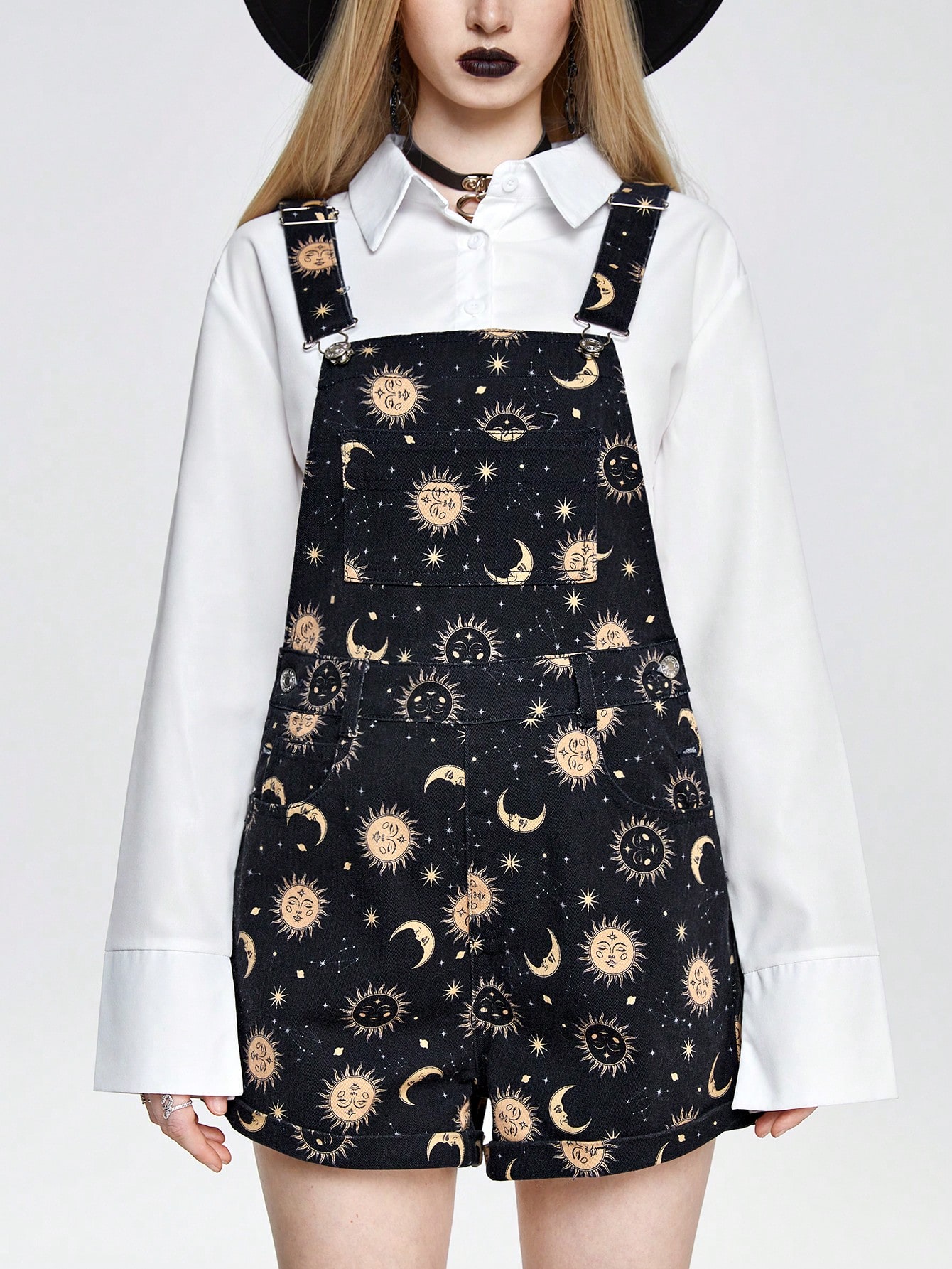 Goth Casual Gothic Sun, Moon, Star Print Women's Denim Overalls And Jumpsuit