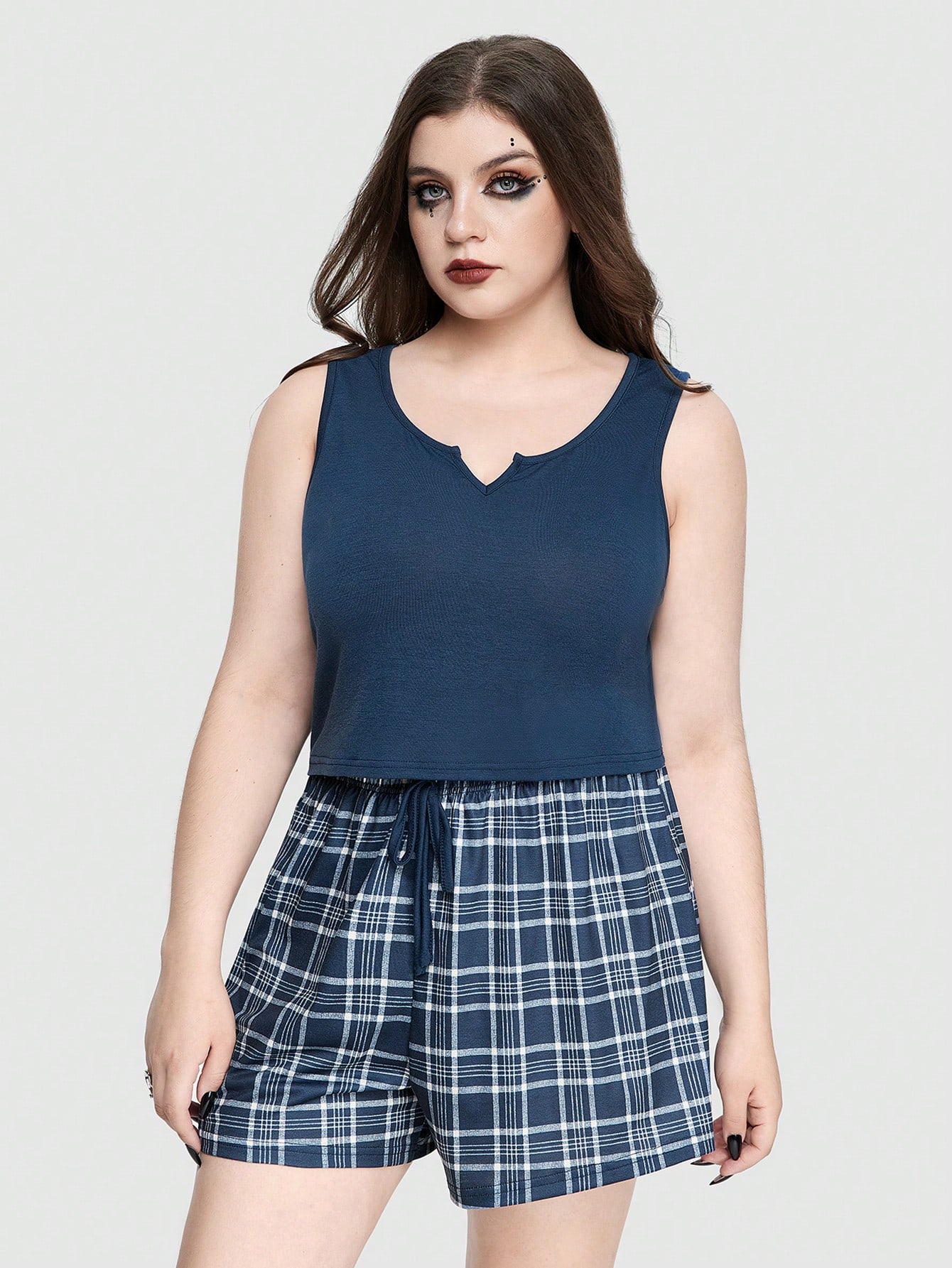 Casual Knitted Plaid Plus Size Home Clothing Set