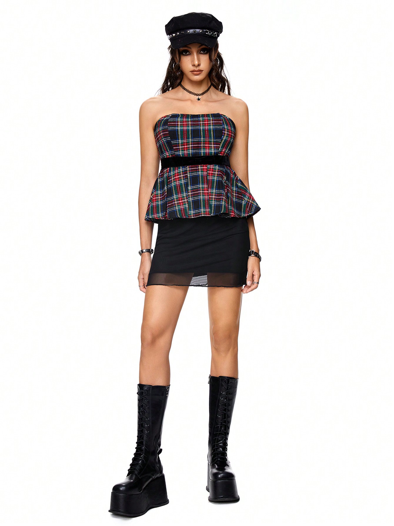 Academia College Style Plaid Ribbon Bow Tie Top With Pleated Hem For Women, School
