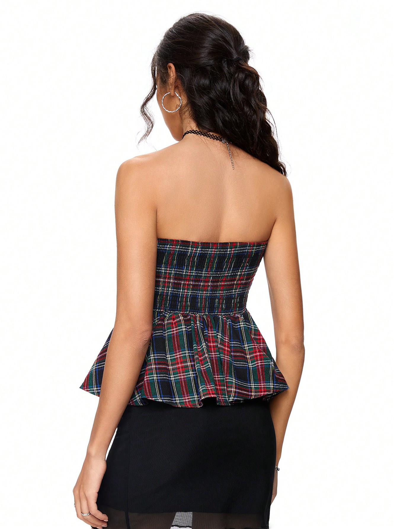 Academia College Style Plaid Ribbon Bow Tie Top With Pleated Hem For Women, School
