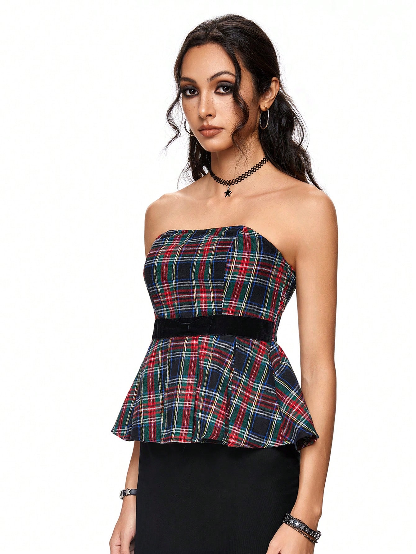 Academia College Style Plaid Ribbon Bow Tie Top With Pleated Hem For Women, School