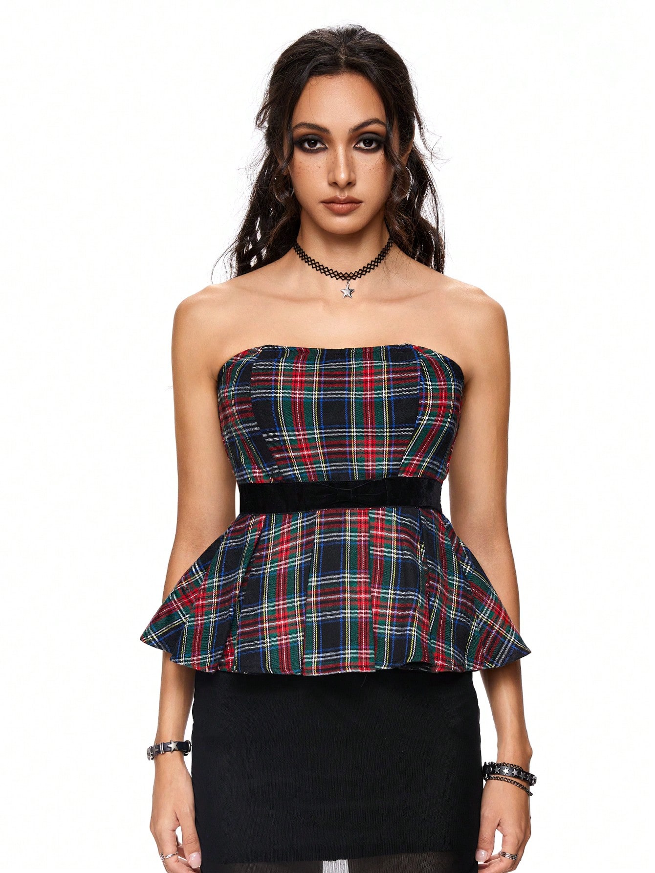 Academia College Style Plaid Ribbon Bow Tie Top With Pleated Hem For Women, School